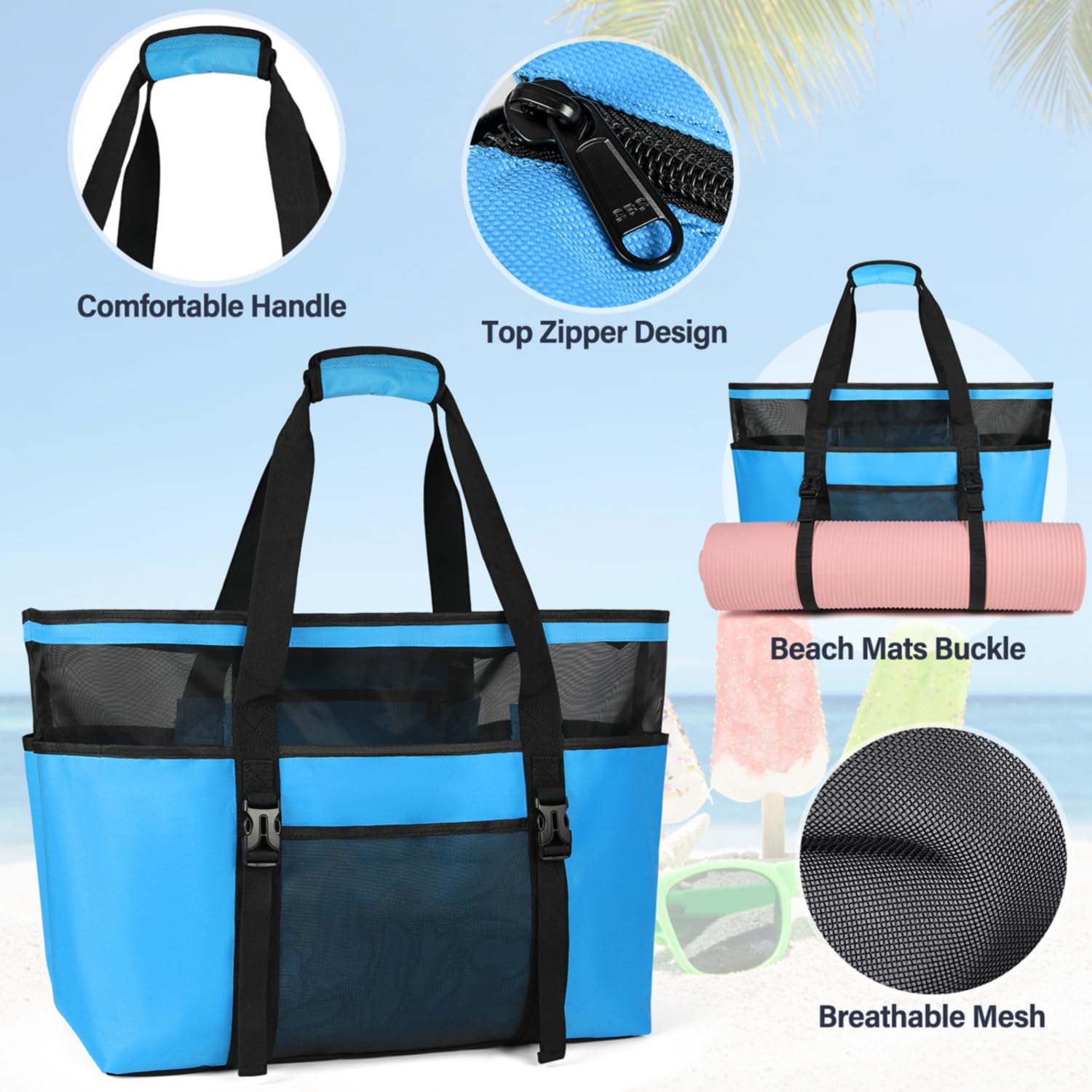RAINSMORE Grand Sac de Plage Femme XXL en Maille avec Fermeture Éclair Tout de Plage Pliable Anti-Sable Imperméable Sac Cabas Plusieurs Poches de Rangement pour Plage Voyages Gym Piscine Bleu