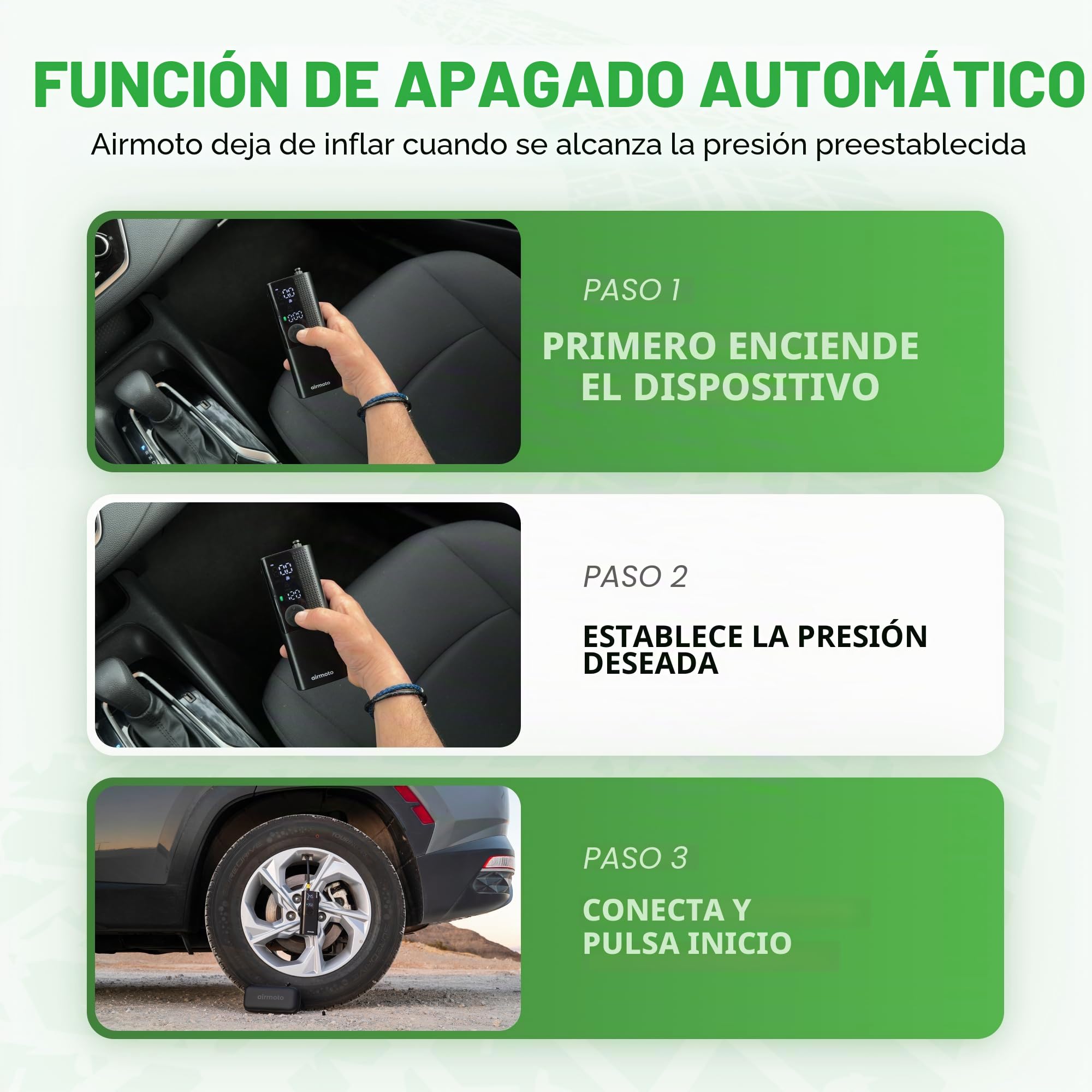 Airmoto La bomba de aire portátil original, 120 PSI compresor de aire inflador de neumáticos – se adapta a neumáticos de coche, camión y motocicleta – Medidor de presión digital, bomba compacta
