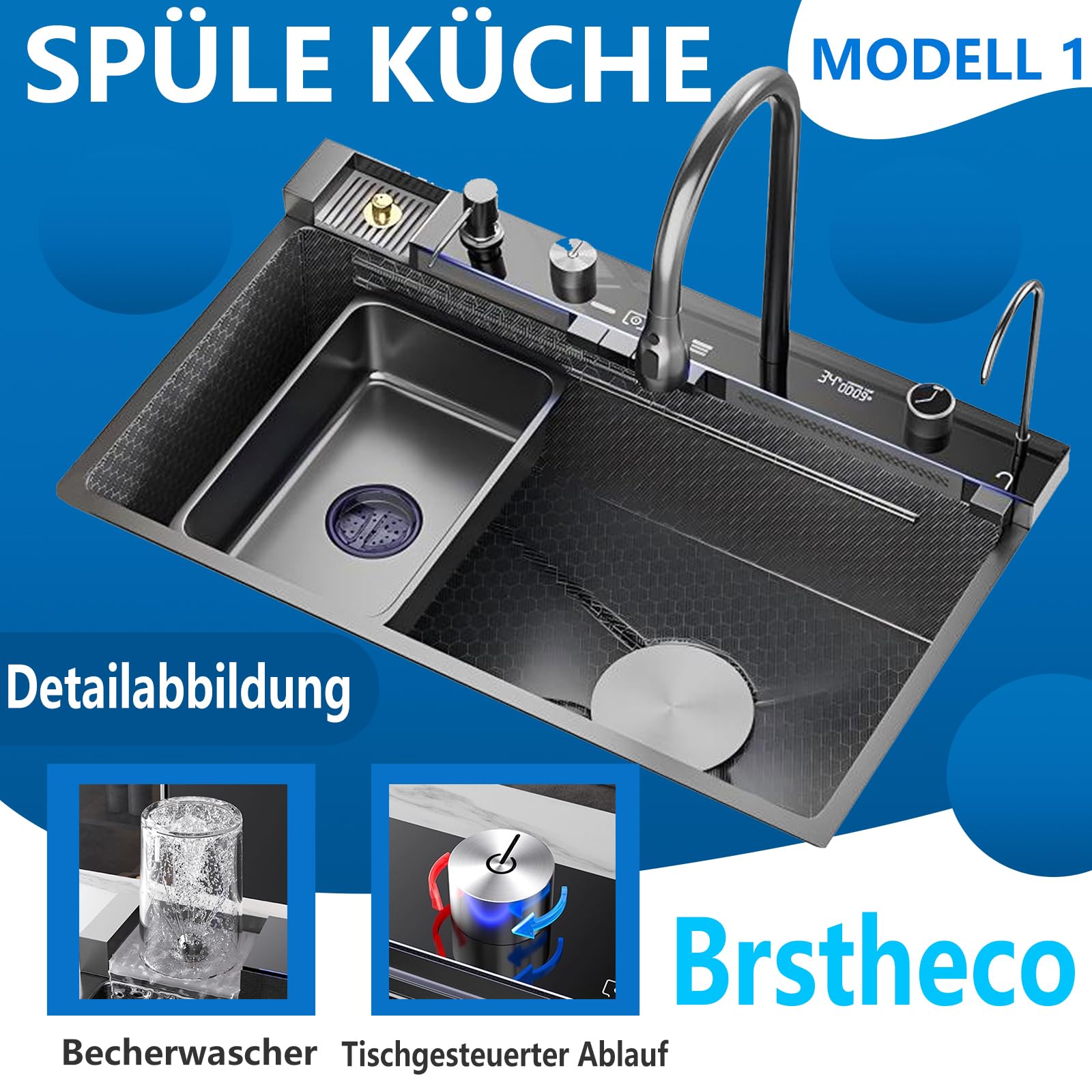 Lavello da cucina in acciaio inox – rubinetto integrato + lavabo, dispenser di sapone, scarico controllato da tavolo, tasti pianoforte, display digitale intelligente, rubinetto filtro