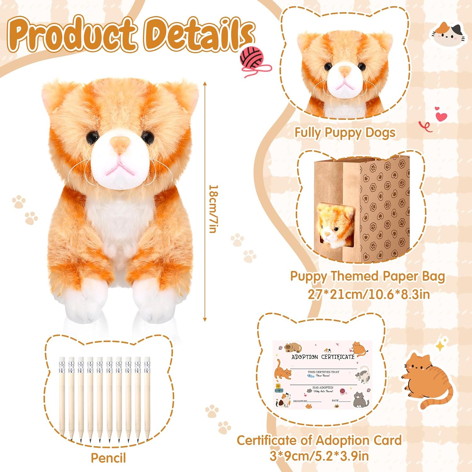 HyDren 96 Pcs Adopt a Pet Party Favors 7'' Stuffed Cat Adopt a Cat Animals Mini Plush Kitten with Paper Box Adoption Card Pencil, Gifts for Kid Boy Girl Pet Birthday Party