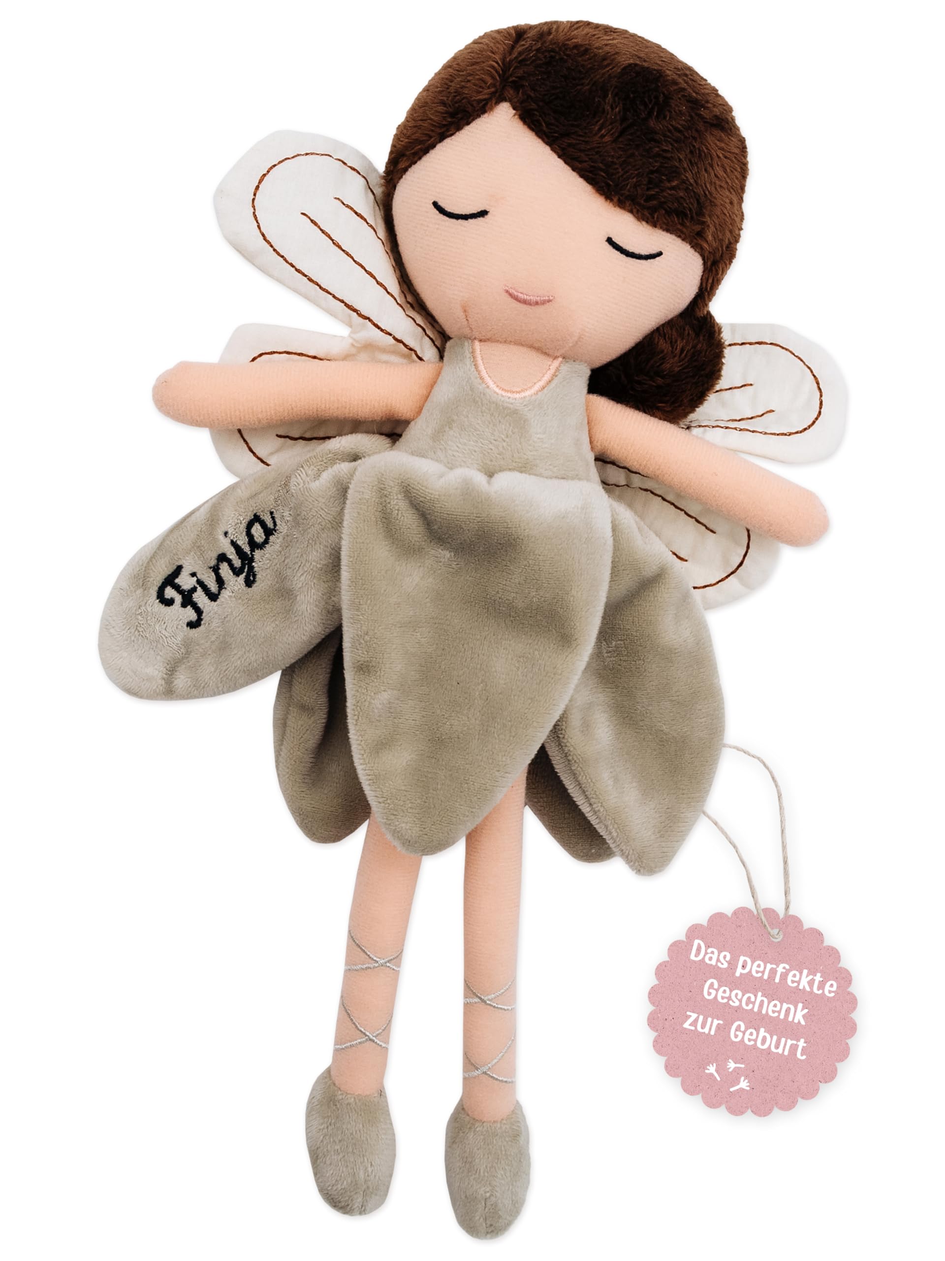wunderwunsch personalisierte Fee als Taufgeschenk Mädchen, Fairy, Geschenk Geburt, Puppe, Baby, 1. Geburtstag Girly, Kuscheltier individualisiert (braune Haare)