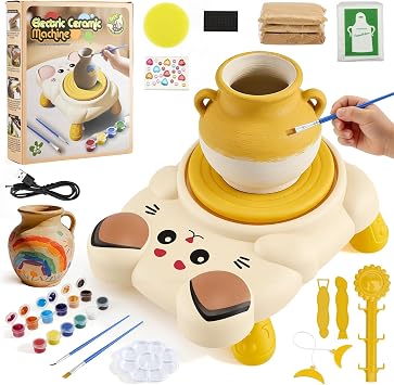 Pottery Wheel for Kids, Kitty Pottery Kit with Air Dry Clays, Paints & Cutting Tools, Pottery Painting Kit Arts and Crafts Toys for Aged 6-12 Boys Girls, Toys Gifts for 6 7 8 9 10 11 12 Year Old Kids