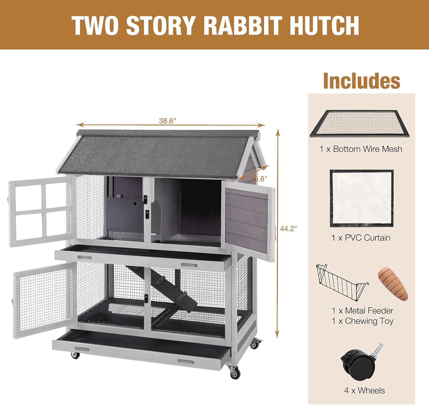 Rabbit Hutch Indoor Bunny Cage Outdoor Guinea Pig Cage with Wire Floor, Movable