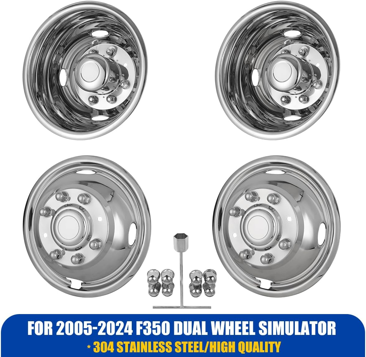 CPW 17 Inch Dually Wheel Simulators For 2005-2024 Ford F350, Stainless Material Wheel Covers 8 Lugs 4 Hand Holes Hubcaps, Over-the-Lug Mounting Style Simulators