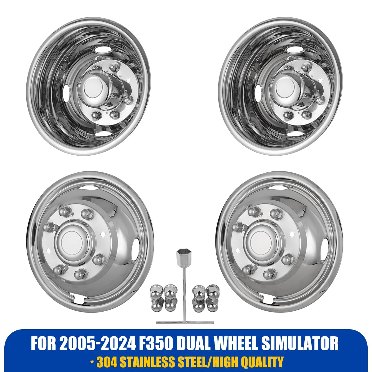 4-Pack 17" Dually Wheel Simulators - Stainless Steel Bolt-On Hubcaps For 2005-2024 Ford F-350