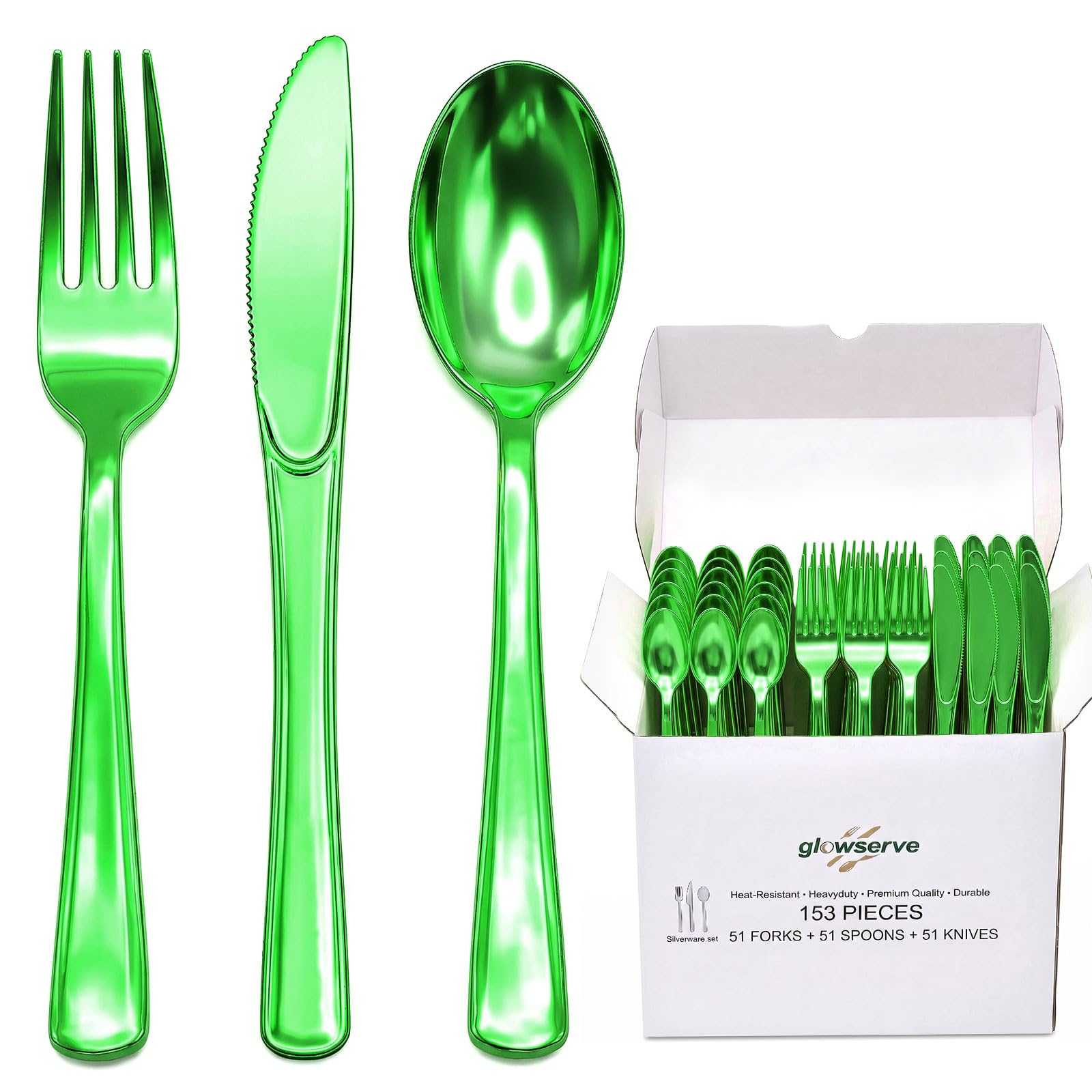 Glowserve 153 Pack Green Disposable Plastic Silverware Set Cutlery Set | Includes 51 Forks,Knives and Spoons,Plastic Utensils Set,for Party Dinner,Holiday Wedding,Gathering Daily Use