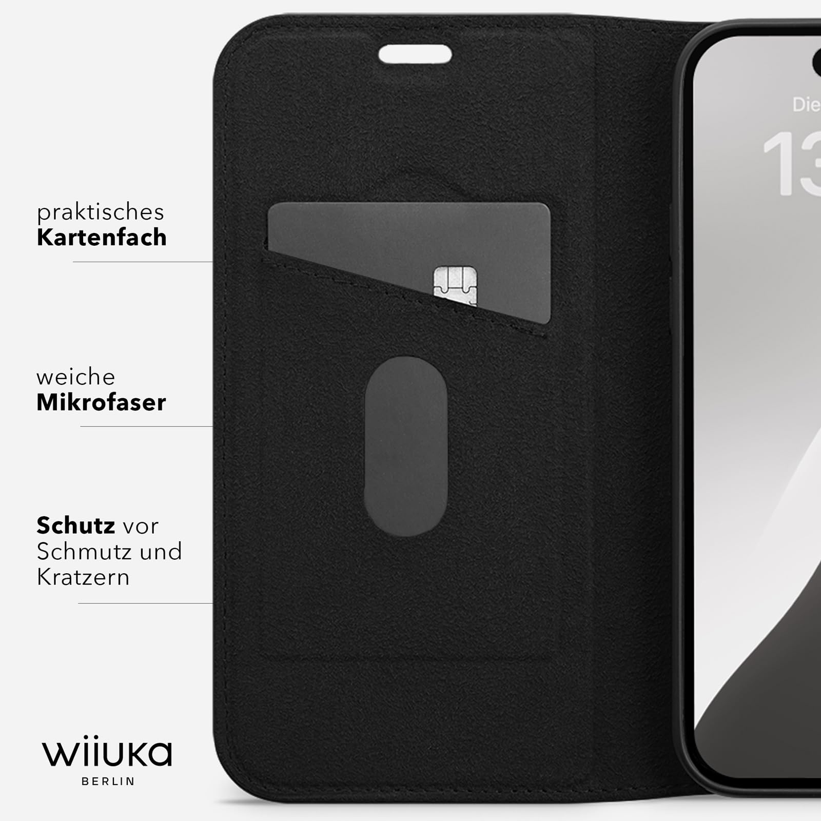 WIIUKA Hülle für iPhone 17, Leder aus Deutschland, mit Kartenfach, extra Dünn, Handyhülle mit Standfunktion, Tasche, Klapphülle, suiit, Schwarz