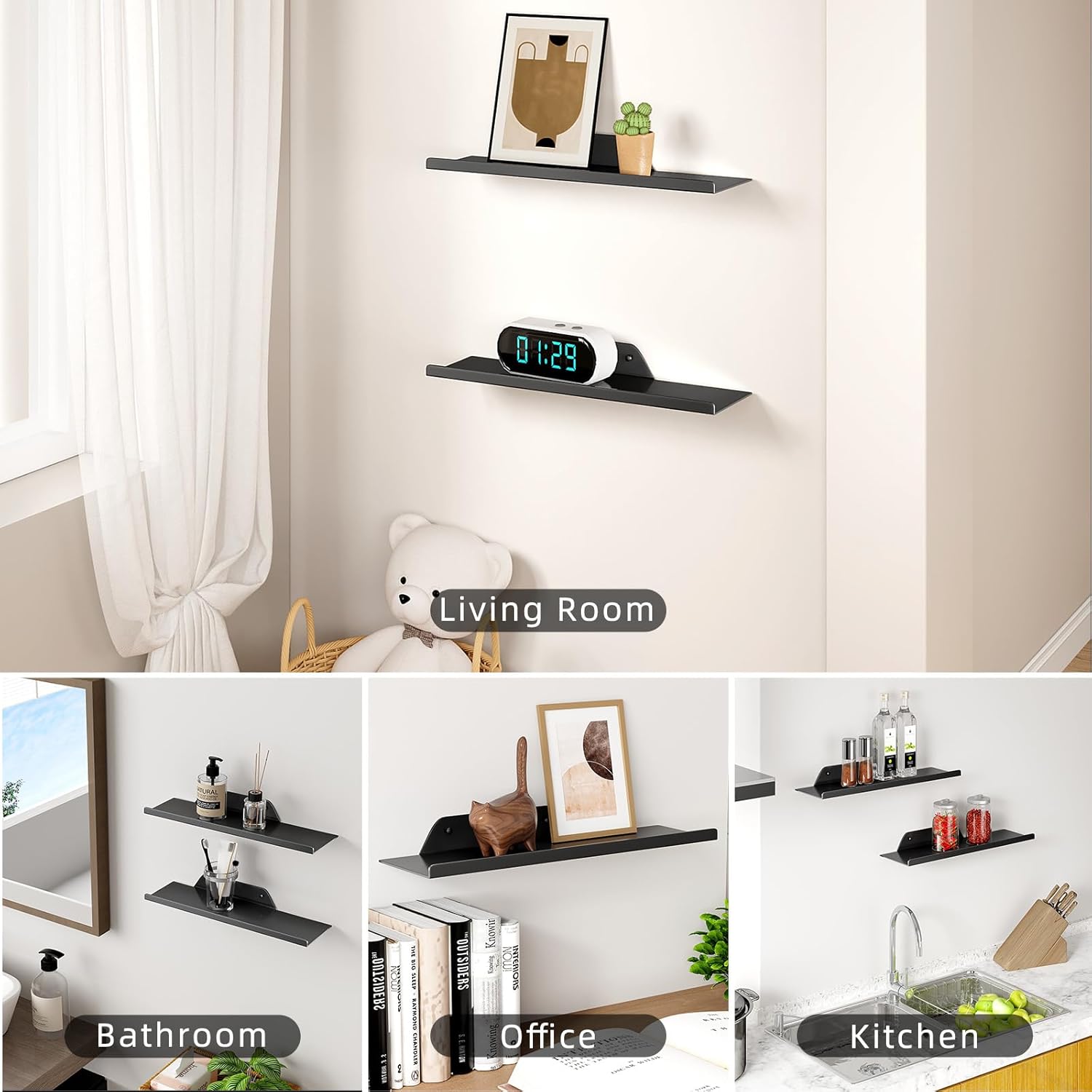 Floating Shelves for Wall, Wall Shelves, Off Center Metal Shelves for Living Room, 20” Modern Black Hanging for Decor Bedroom Bathroom Kitchen Plants (2 PCS)