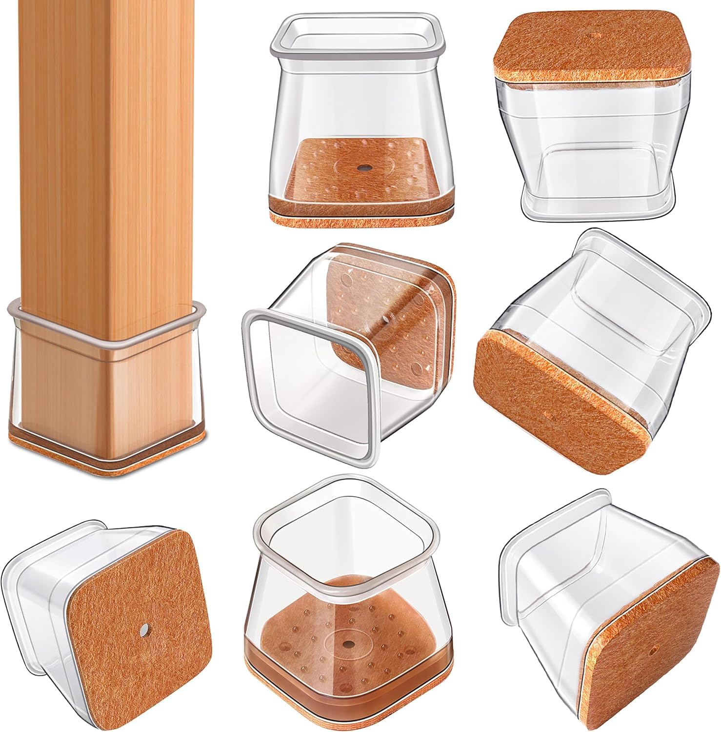 4 Pcs Chair Leg Floor Protectors for Wooden & Tile Floors | Square Silicone Furniture Leg Caps with Felt Pads | Anti-Scratch, Noise-Reducing Chair & Stool Leg Covers | Clear, Large-image-5