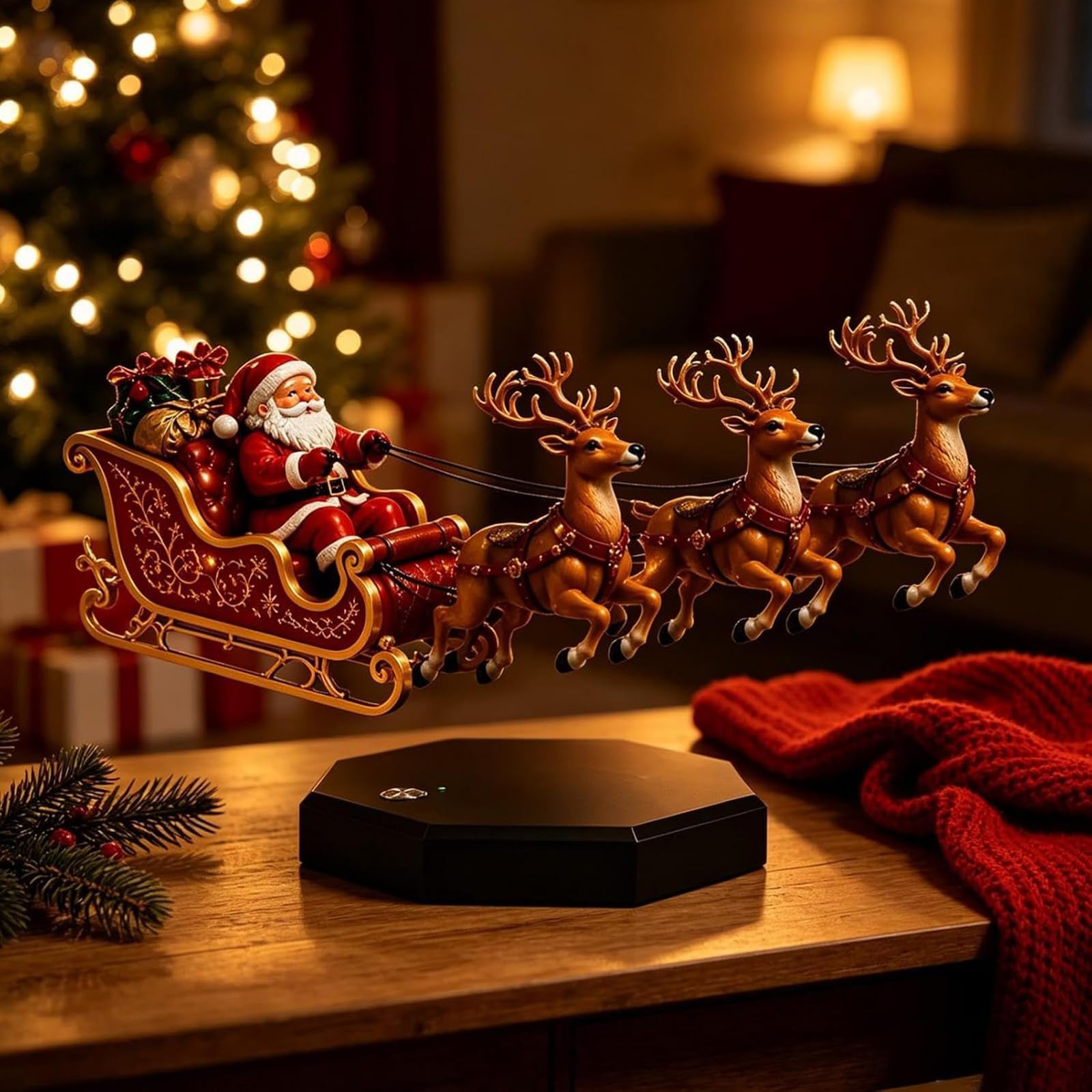 Trineo de Papá Noel Flotante, Trineo Volador con Levitación Magnética, Papá Noel y Renos Suspendidos en el Aire, Decoración de Mesa para Casa, Oficina, Estantería y Fiesta de Navidad