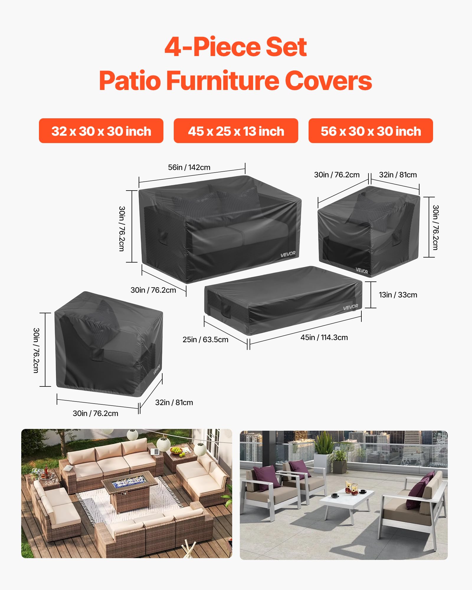 VEVOR Housse de Meubles de Jardin Lot de 4, Bâche de Protection pour Mobiliers d’Extérieur en 420D Imperméable et Résistante, Couverture pour Canapé, Table et Chaises de Patio, Toutes Saisons, Noir
