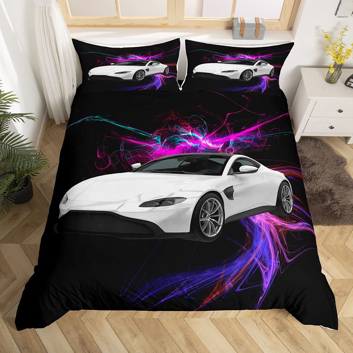 Voiture de sport housse de couette pour chambre enfant motif violet