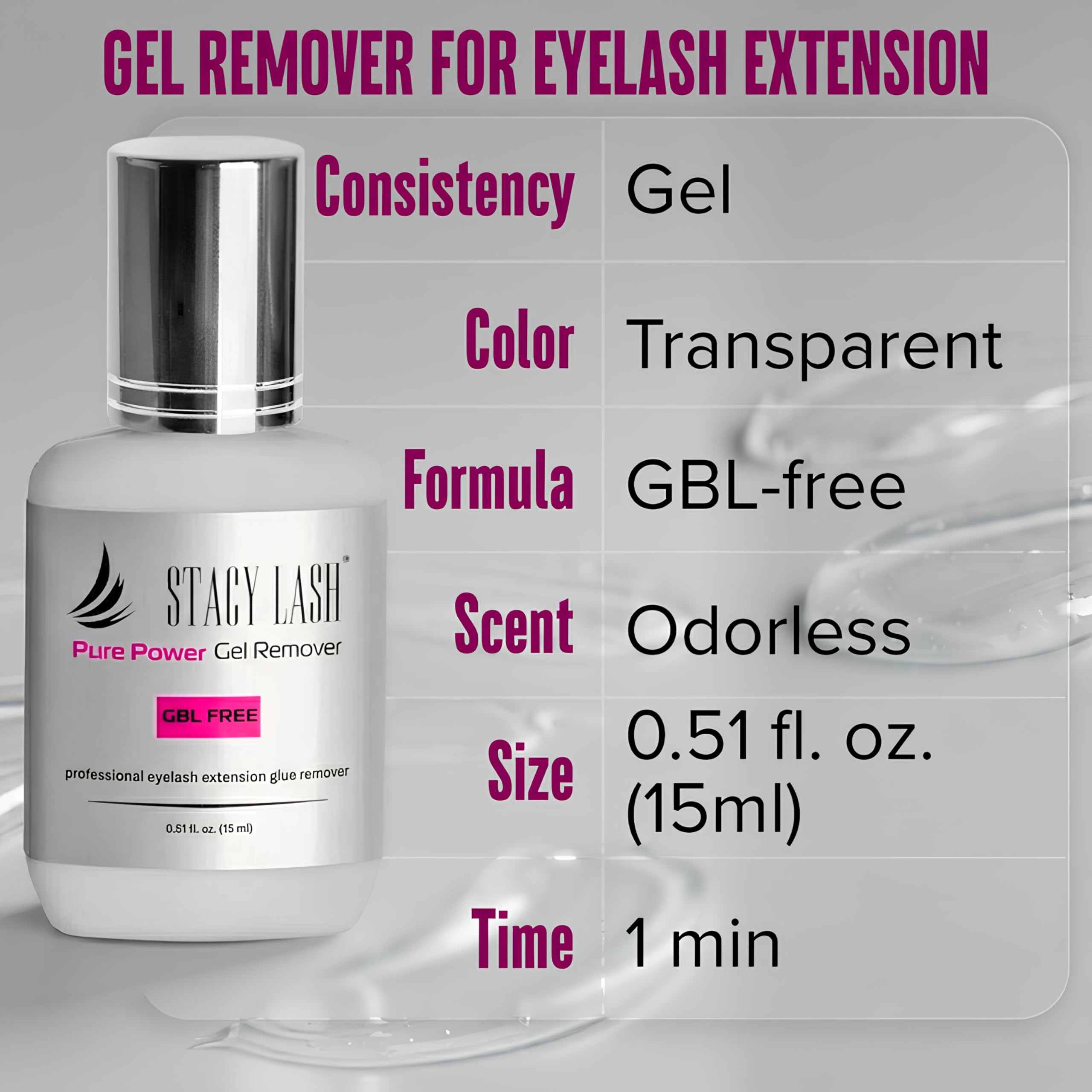 Pure Power Gel Remover for Eyelash Extension Glue Stacy Lash (0.51 fl.oz / 15 ml) / GBL Free/Fast Lash Adhesive Dissolution time - 60 Seconds/Transparent Color/Odorless/Professional Supplies 3