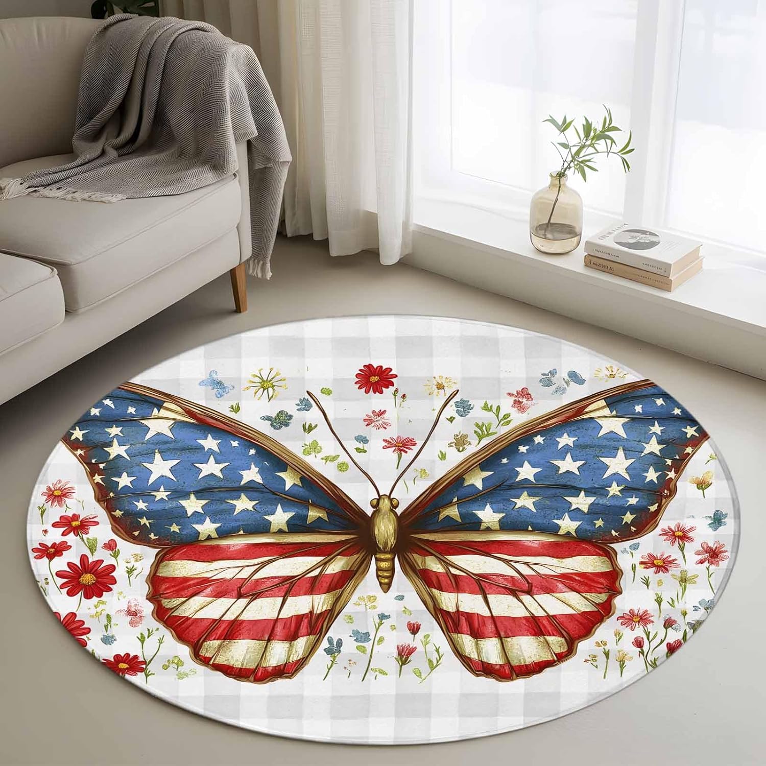 DecorLovee Round Rug 3.3Ft Washable Non-Slip, Independence Day Circle Area Rugs for Living Room Bedroom, American Flag Butterfly Grey Plaid Indoor Floor Mats Carpet Runner for Home Decor Aesthetic