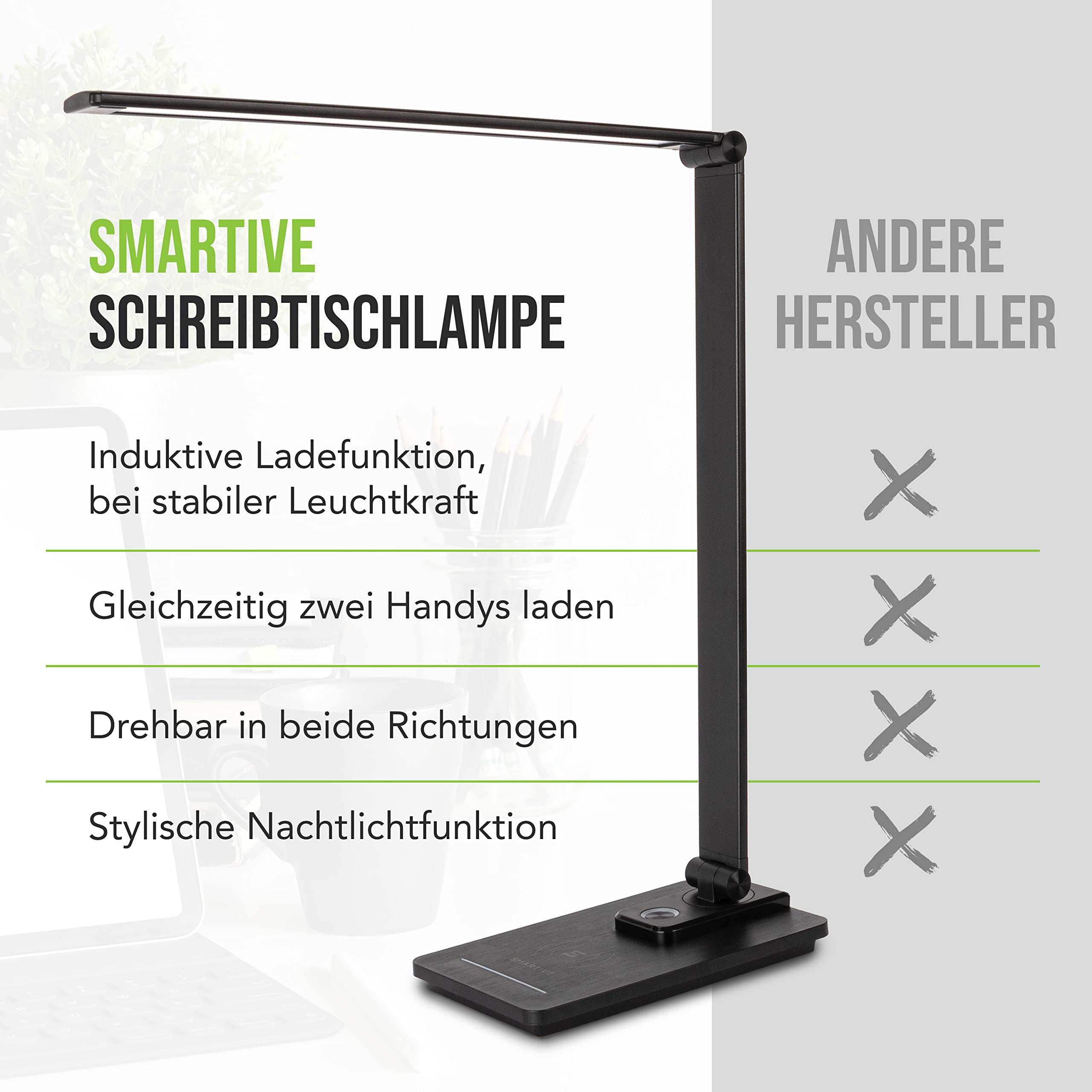 SMARTIVE | Design Schreibtischlampe mit kabelloser Ladefunktion - LED Bürolampe mit 10W wireless charging - augenschonendes Licht dimmbar und Laden ohne Kabel | desk lamp schwarz + USB Ausgang