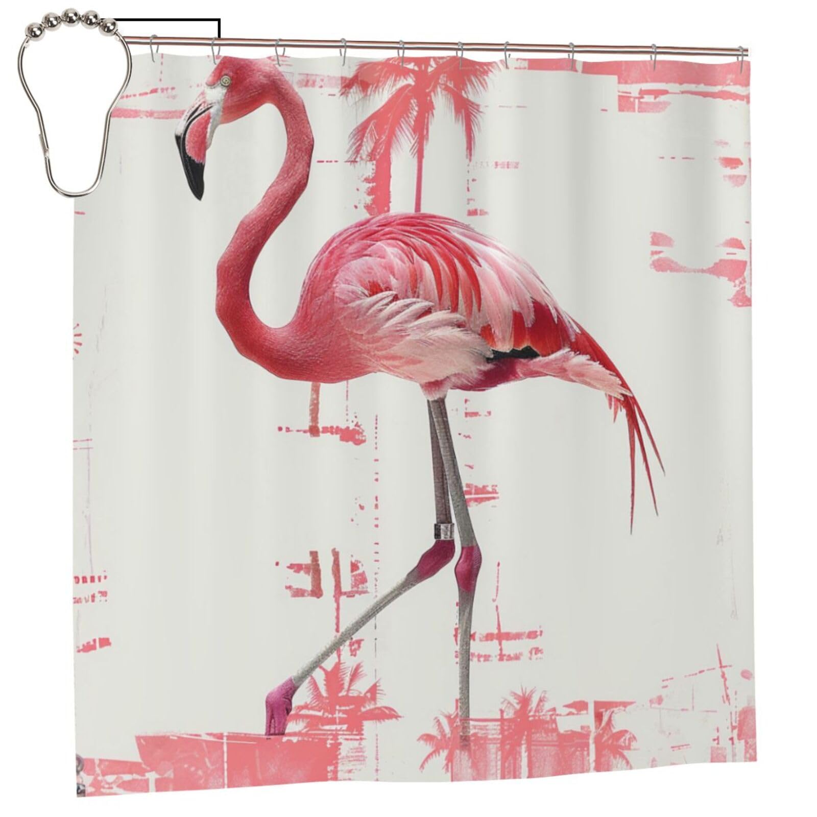 BWWHCCTI Flamingo Print Printed Shower Curtain With 12 Iron Hooks Opaque Quick Drying Waterproof Shower Curtains Sets For Bathroom 183x183 CM