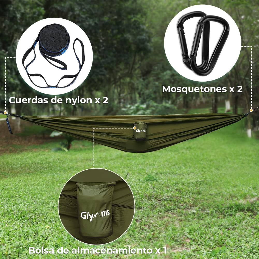 Glymnis Hamaca Ultraligera de Nailon, 300 kg de Capacidad de Carga, 275 x 140 cm, 2 Correas de Nailon y 2 Mosquetones, Hamacas Colgantes para Acampada de Viaje al Aire Libre y Jardín