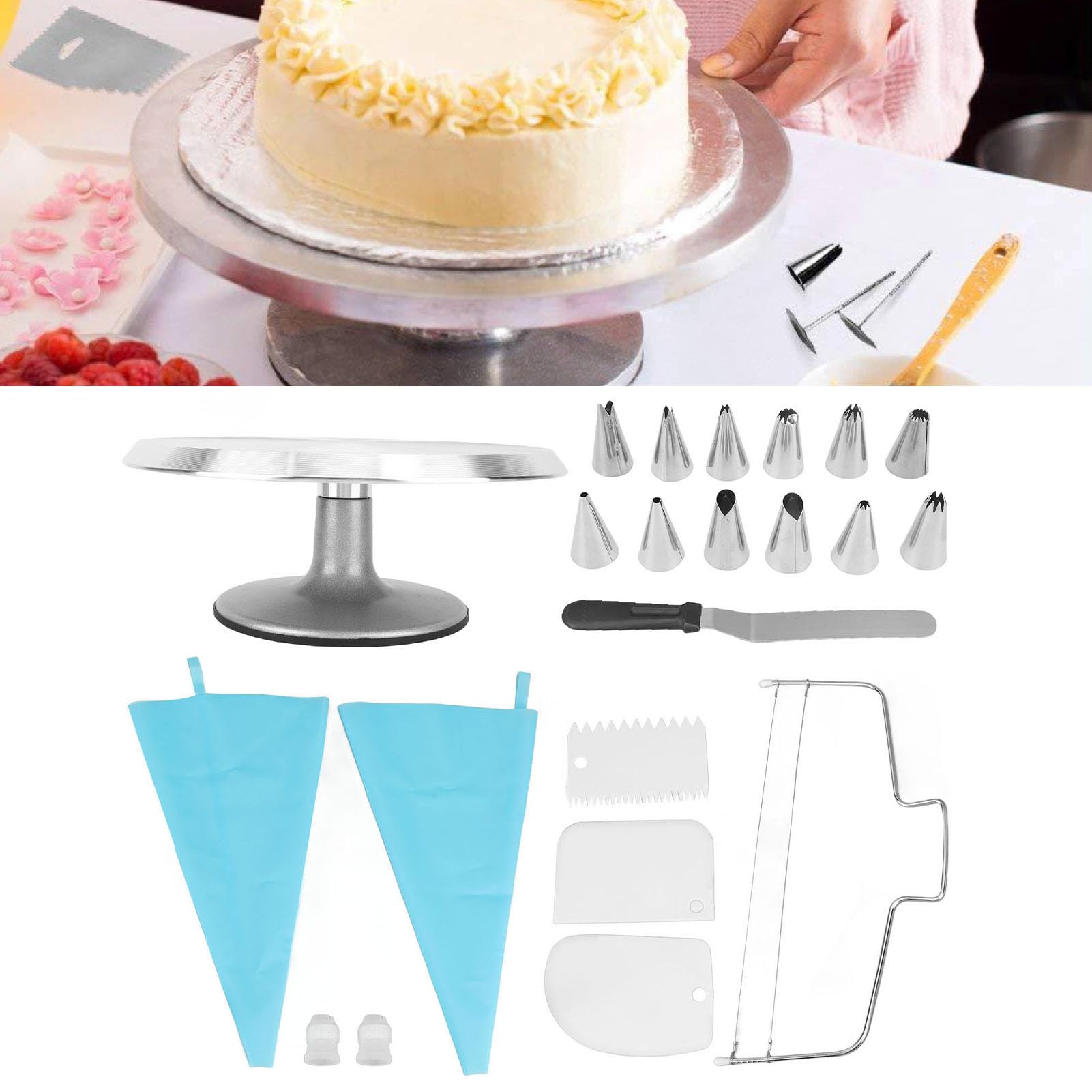 AMONIDA Kit de Decoración de Pasteles de 22 Piezas con Plato Giratorio de Aleación de Aluminio de 12 Pulgadas Ideal para Panaderos Profesionales y Domésticos Incluye Herramientas Esenciales para