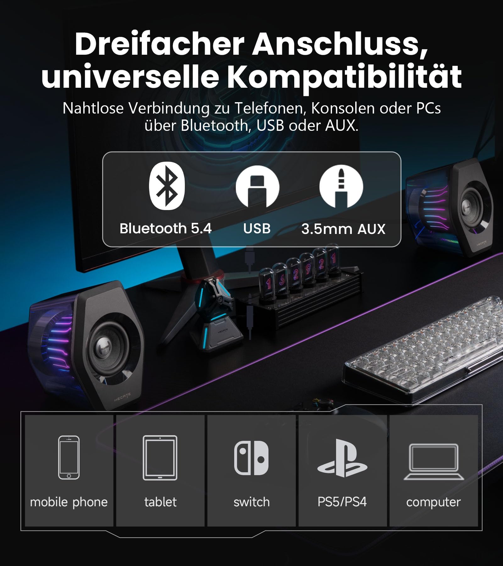 Edifier G2000 Pro 2.0 RGB Gaming-Lautsprecher mit 64 W Spitzenleistung, 270° TempoFlow™ Light Sync, Virtual 7.1 Surround Sound - Bluetooth 5.4/USB-C/AUX für PC, PS5, Schwarz