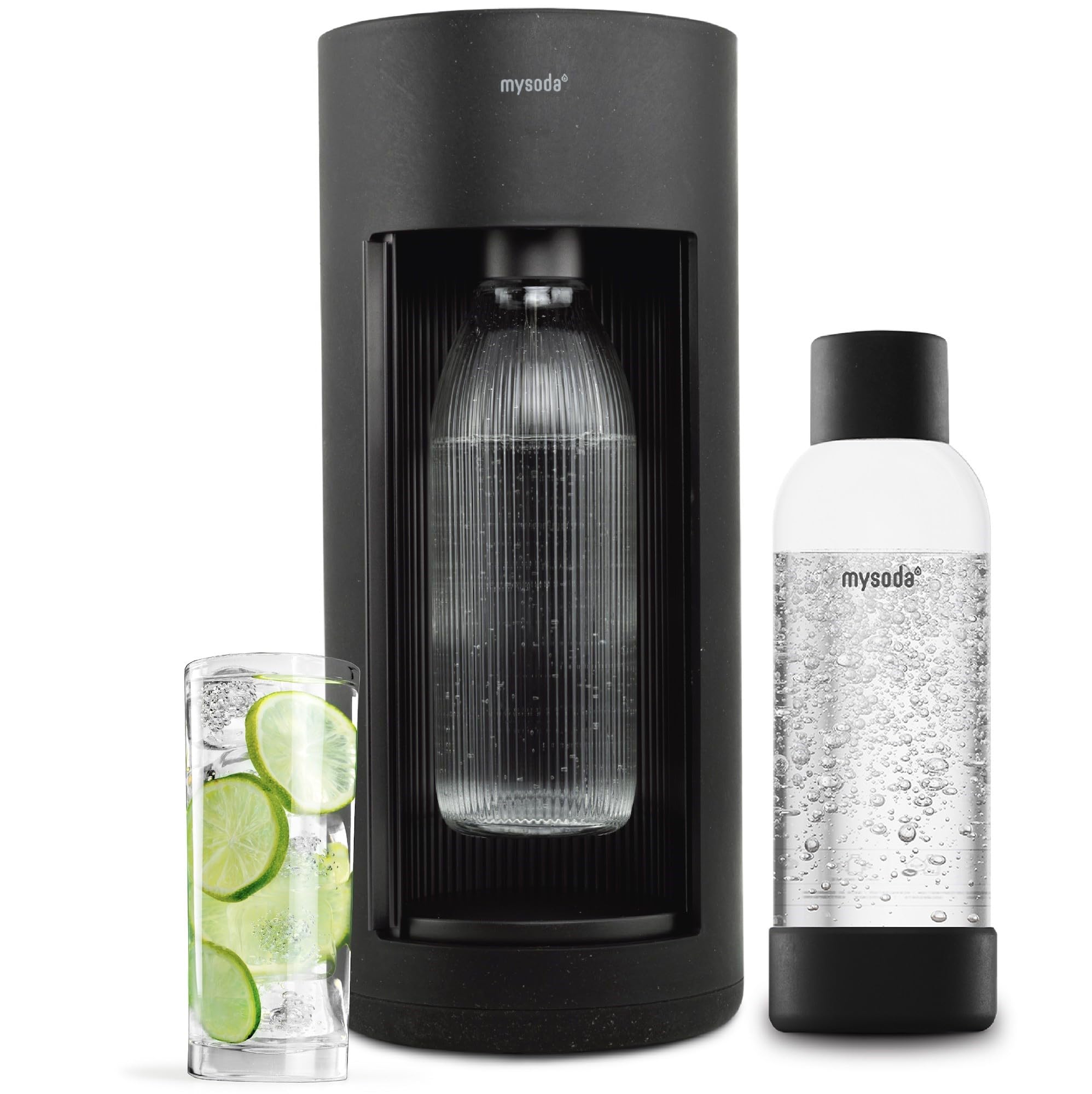 New Mysoda Glassy Design Sparkling Water Maker With 1L Glass & Plastic bottle - Silent Nordic Design Soda Maker Featuring A Sliding Door Opening - No Cylinder Included - Colour Black