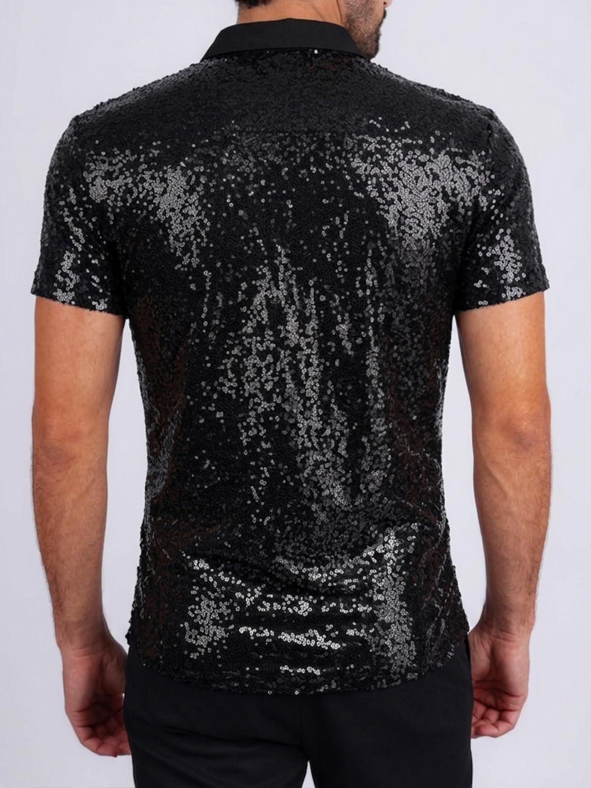 HAWILAND Glitzer Hemd Herren Kurzarm 70er Jahre Disco Party Pailletten Oberteil Festival Rave Shirt Clubwear