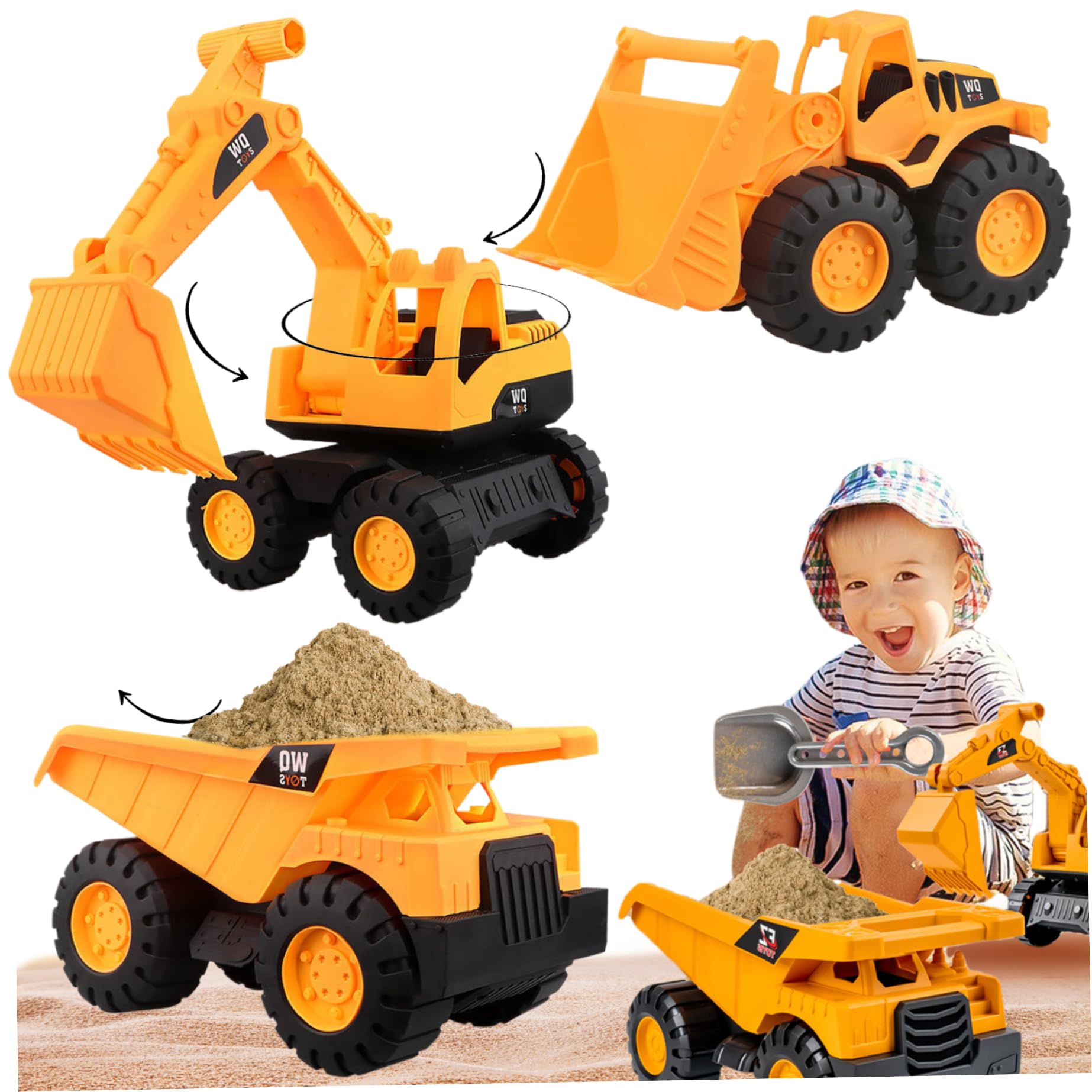 3 pezzi/set macchinine robuste giocattoli da spiaggia con sabbia dai bordi lisci con parti mobili macchinine arancioni a inerzia includono escavatore, bulldozer, camion (grande)