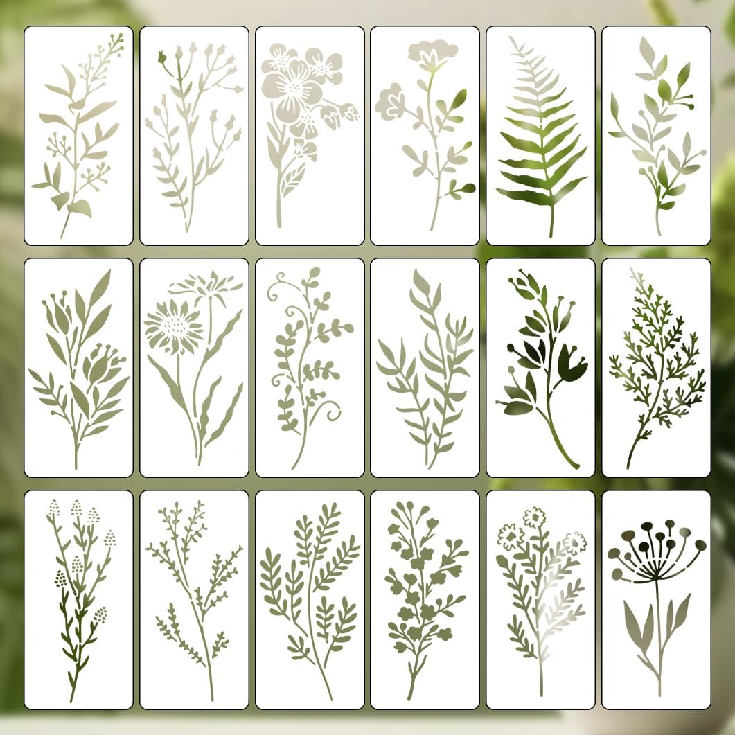 Kasoud FlowerStencils, 18PCS Leaf Stencils for Crafts Reusable, Wildflowers PaintingStencils for Wood Canvas DIY Art Card Notebook Scrapbook Window Wall Decor