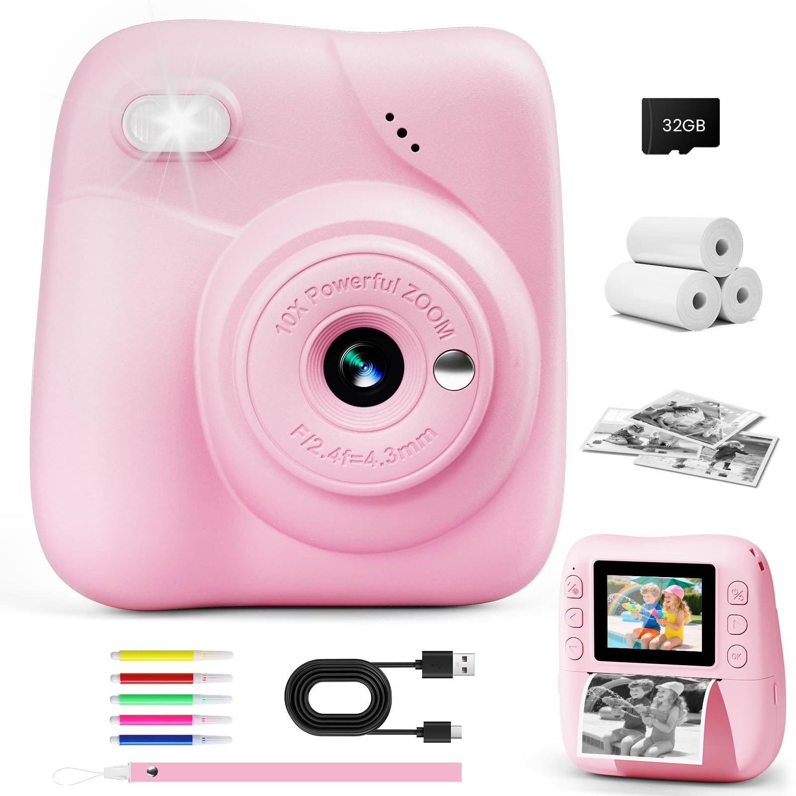 CAMCLID Macchina Fotografica Bambini Istantanea, 1080P HD Macchina Fotografica Istantanea 48MP con Scheda da 32 GB e 3 Rotoli di Carta da Stampa, Regalo per Ragazze Ragazzi da 3-12