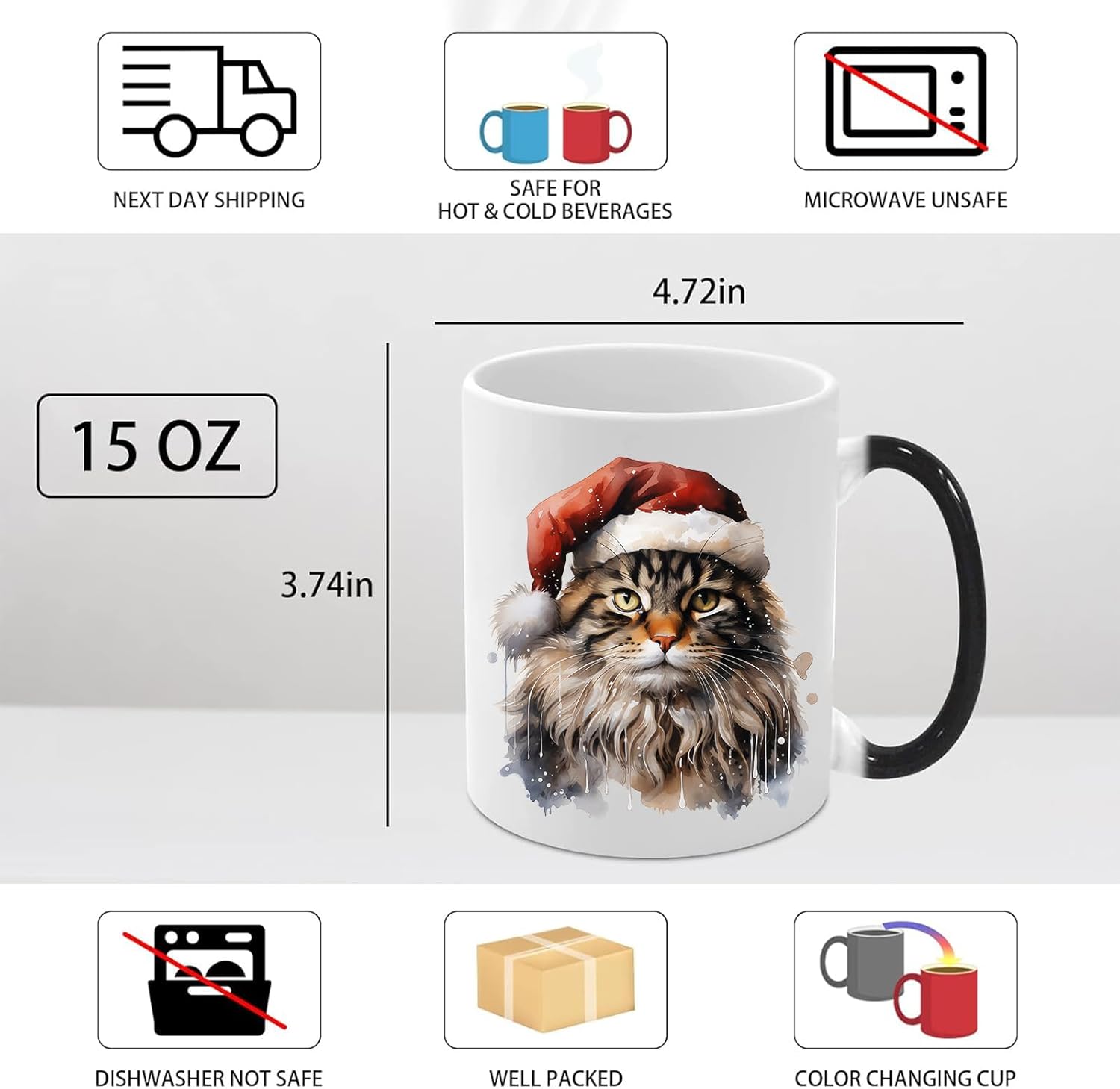 Caliamary Heat Changing Mug, Funny Cat Heat Changing Ceramic Coffee Mug, 11 oz Heat Sensitive Color Changing Coffee Mug Cup, Cute Xmas Gift Mug for Women Men Kids… (Brown cat) - Image 3