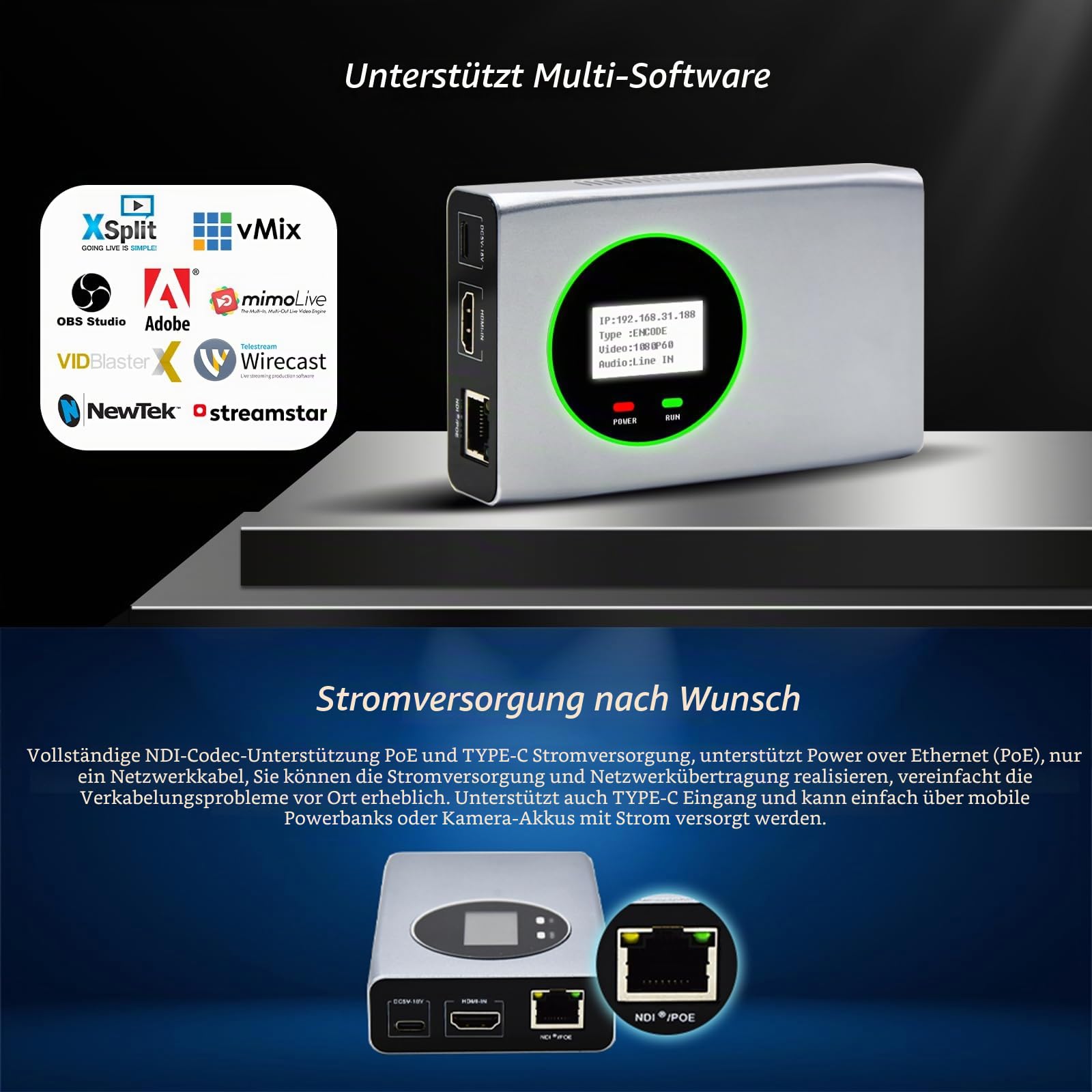 FULL NDI Encoder Decoder, 1080P@60 HDMI zu Full NDI, NDI-Videokonverter mit HDMI-Loopout, Tally-Light-PTZ-Steuerung für die Übertragung von Live/TV-Programmvideoproduktionen