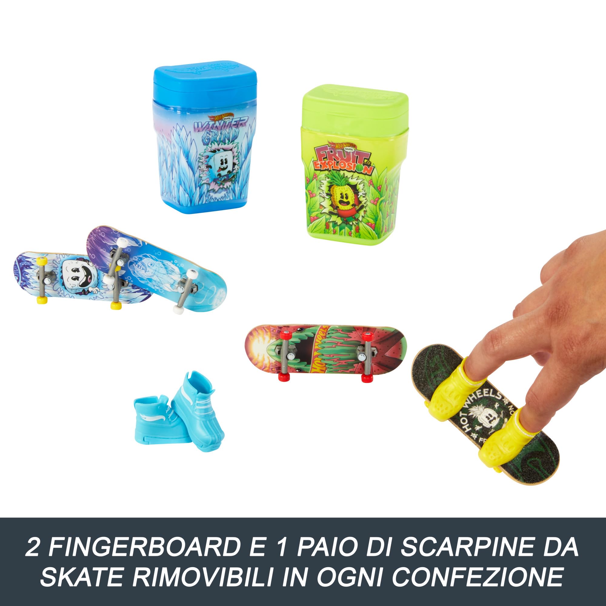 Hot Wheels Skate - Pacchetto Skate Profumati, include 2 tavole fingerboard esclusive 1 paio di scarpine da skate, 2 contenitori profumati, giocattolo per bambini, 5+ anni, HWV21