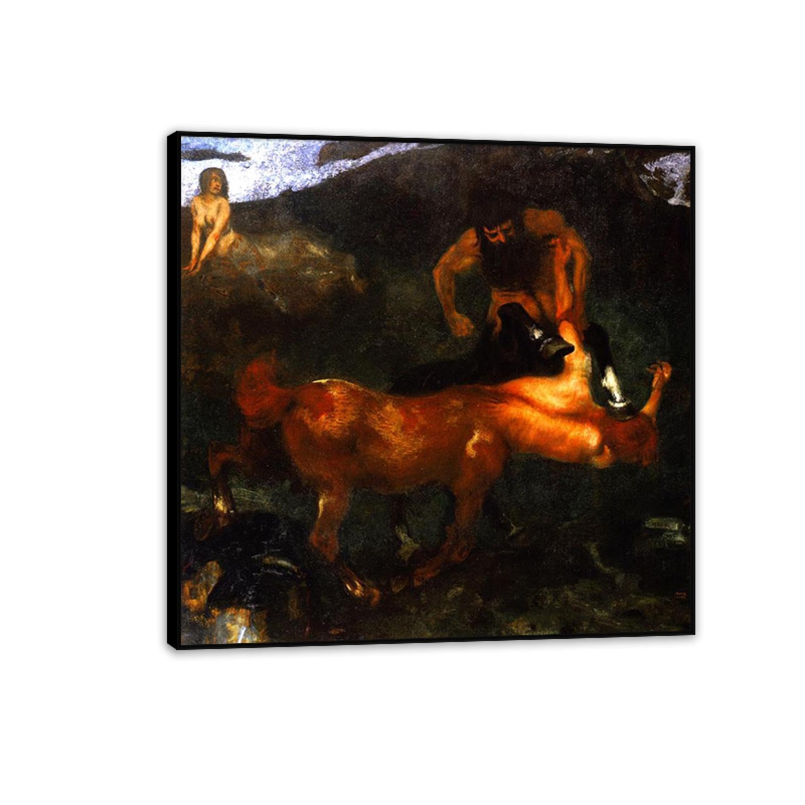 Hau3sh3a Framework Franz Von Stuck Wall Art Print Fighting Centaurs Famous Art Poster Franz Stuck Home Decor Reproduction On Canvas Wall Decor For Living Room Bathroom Office 60X60cm(24X24in) Black Framed