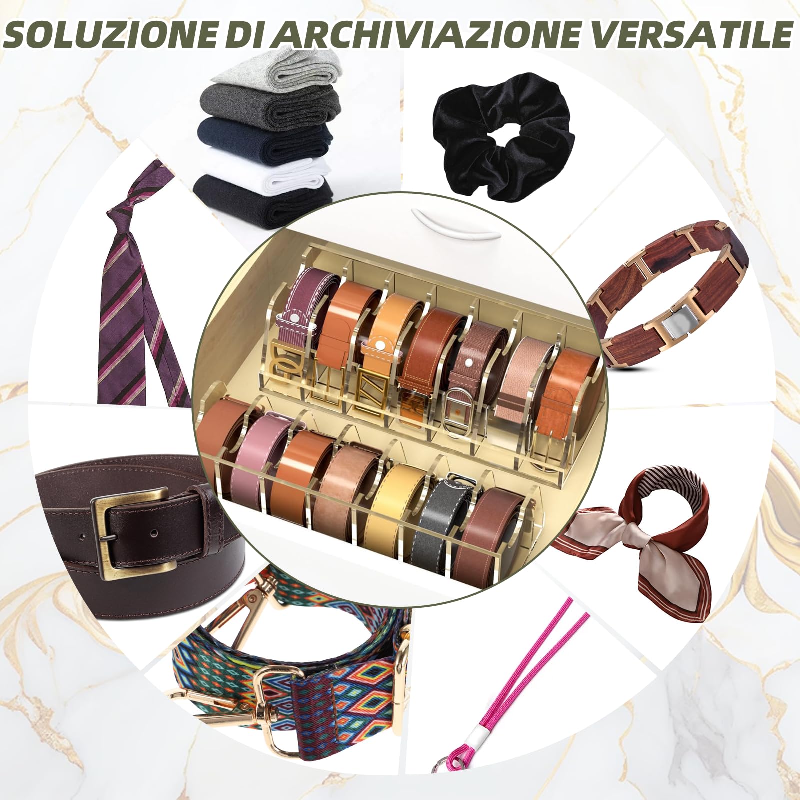 Scatola di immagazzinaggio cintura acrilica a 7 scomparti, stile cassetto cravatta e cintura portaoggetti
