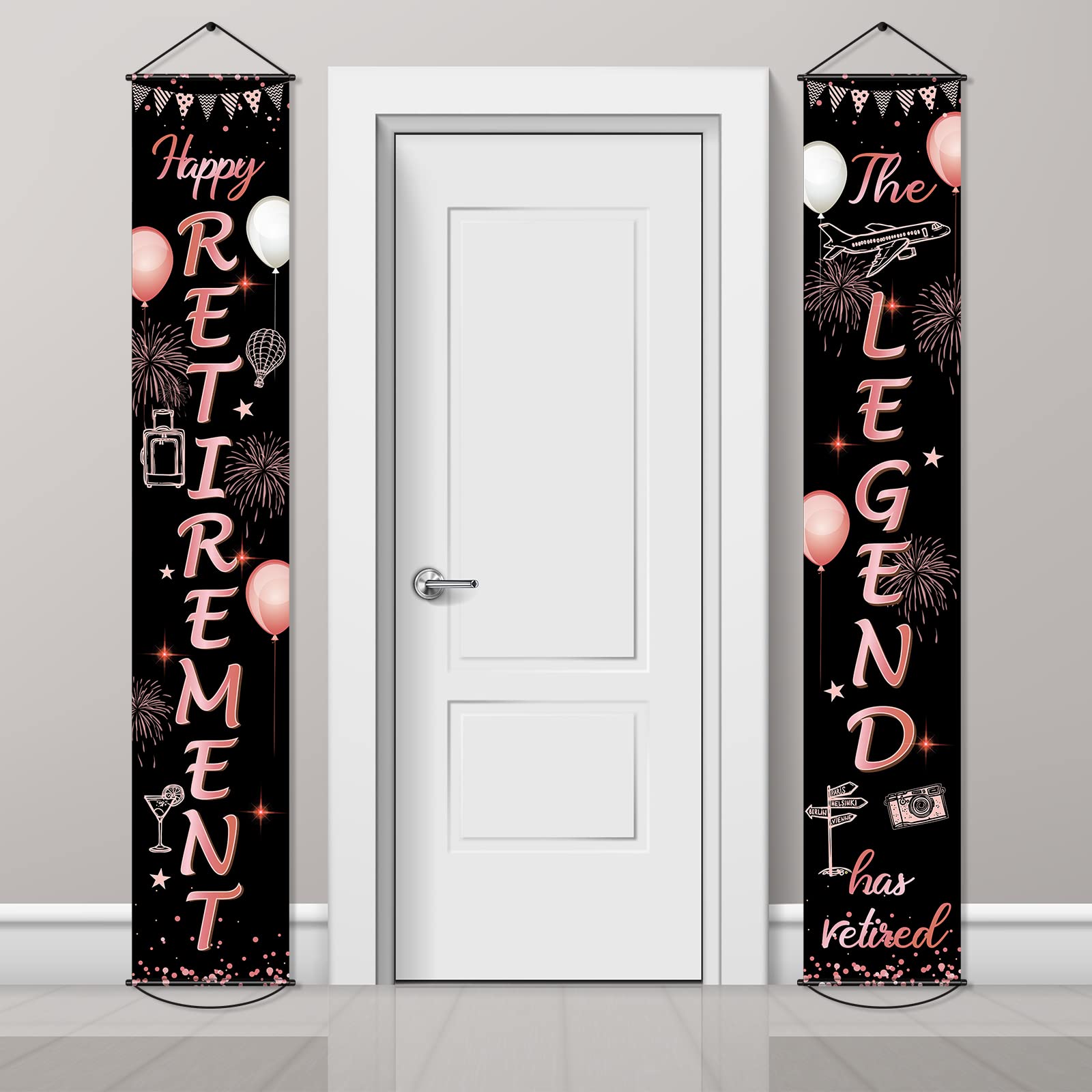 Boao Retirement Porch Sign Door Hanging Banner, Retirement Banner the Legend Fabric Door Sign Background for Retire Party Decoration Supplies, 71 x 12 Inches(Black and Rose Gold)