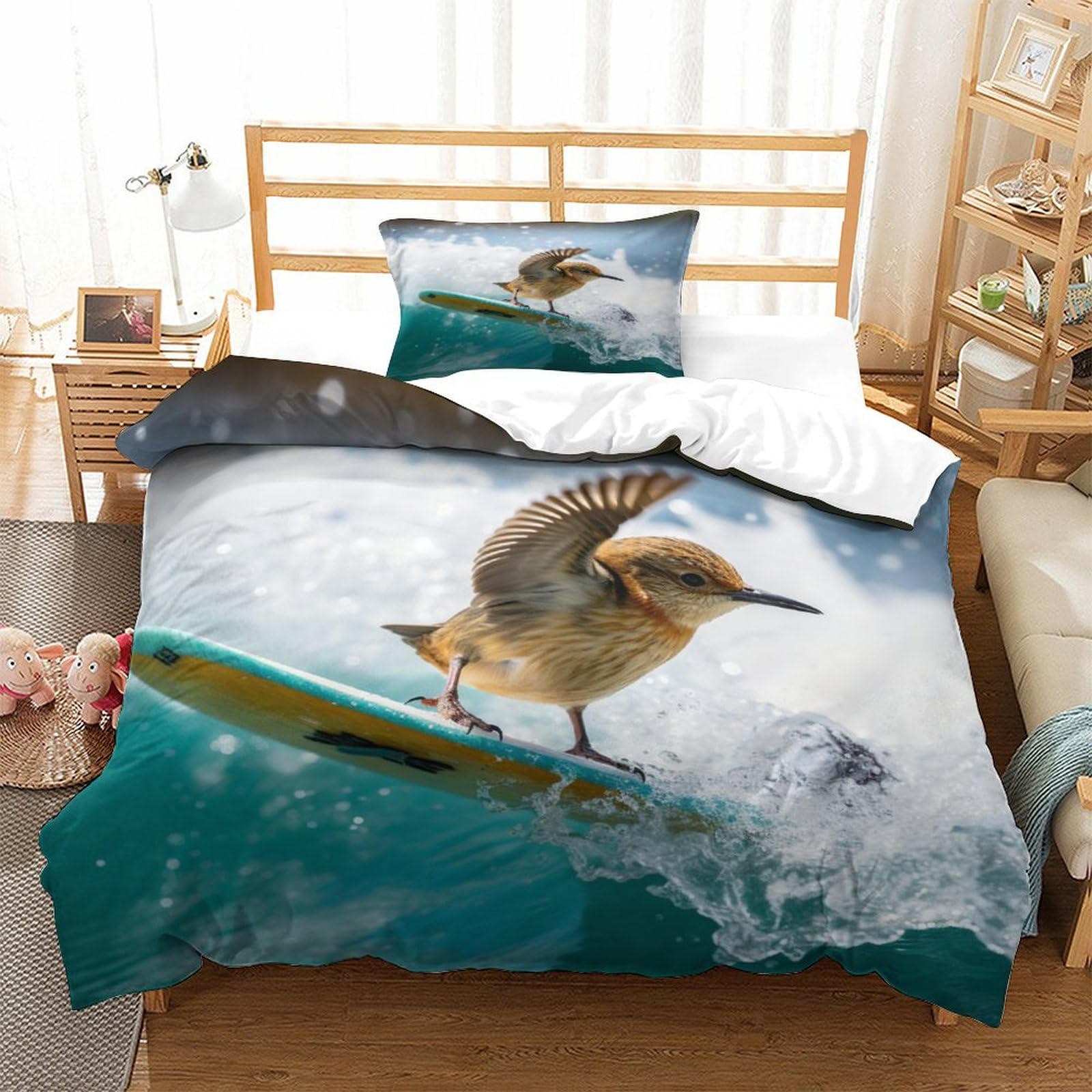 P1S9U7W5Y 3D Printed Surfing Bird Themed Duvet Cover Set 3 Pieces Microfiber Bedroom Decor Animal Bedding Set for Adults Washable Gift Single（135x200cm）