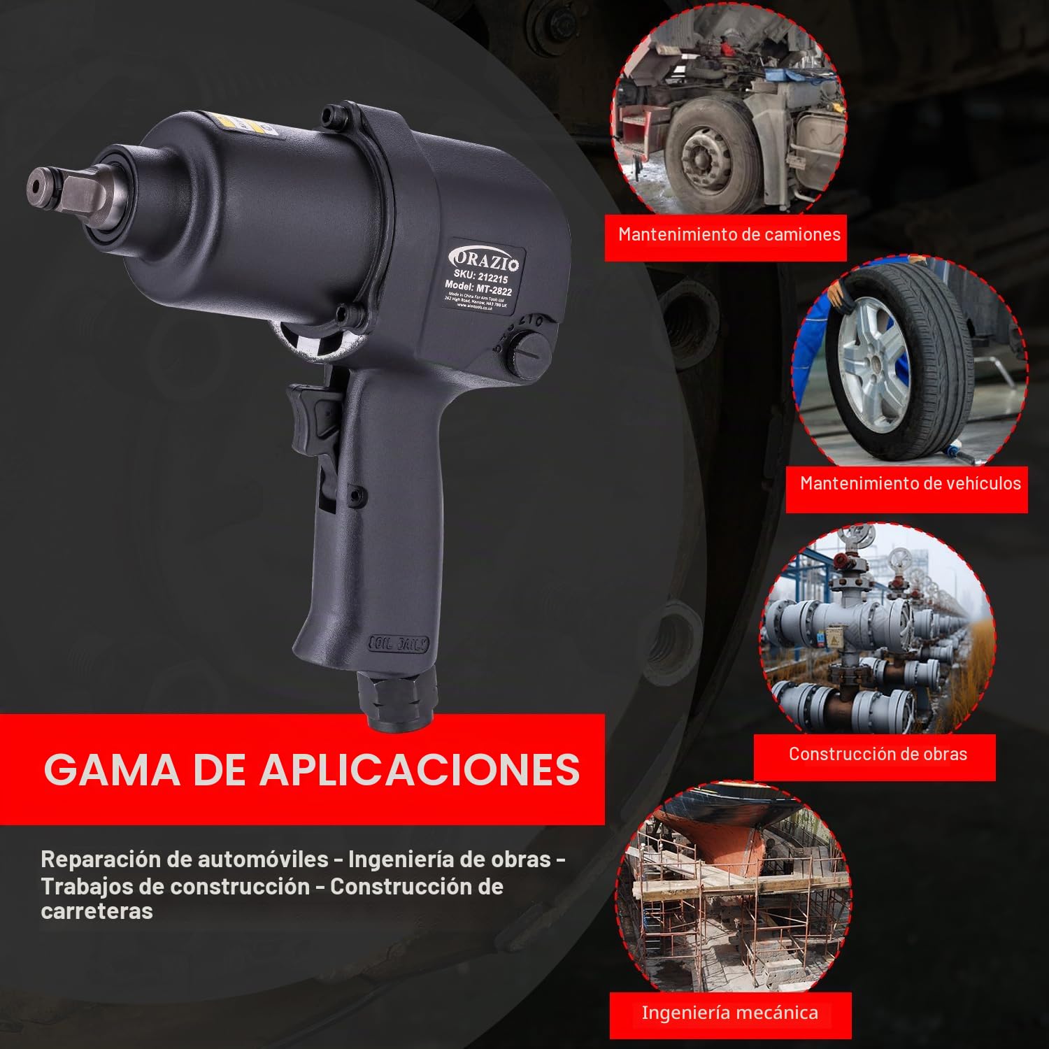 ORAZIO Juego de Llave de Impacto Neumática 1/2" 720 N.M con 8 Vasos de 12-24 mm Profesional Pistola Impacto Neumatica para Garaje Coche Camión de Pernos Rueda Instalación Extracción