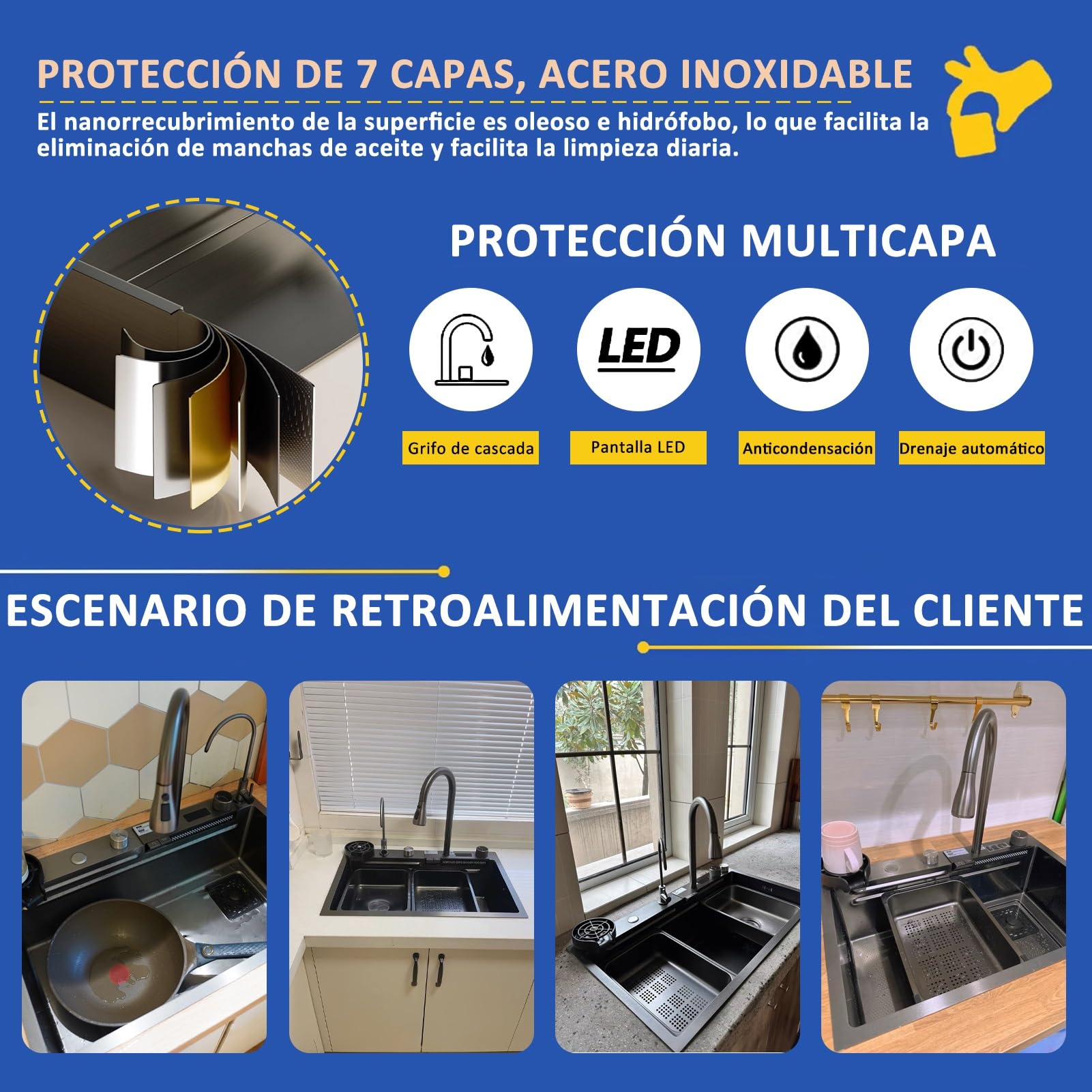 85x45cm Fregadero De Cocina De Con Cascada Negro, Lugar De Trabajo Grifo De Cascada LED, Tabla De Cortar Deslizante Y Fregadero De Tazas De Alta Presión, Compacto Y Multifuncional