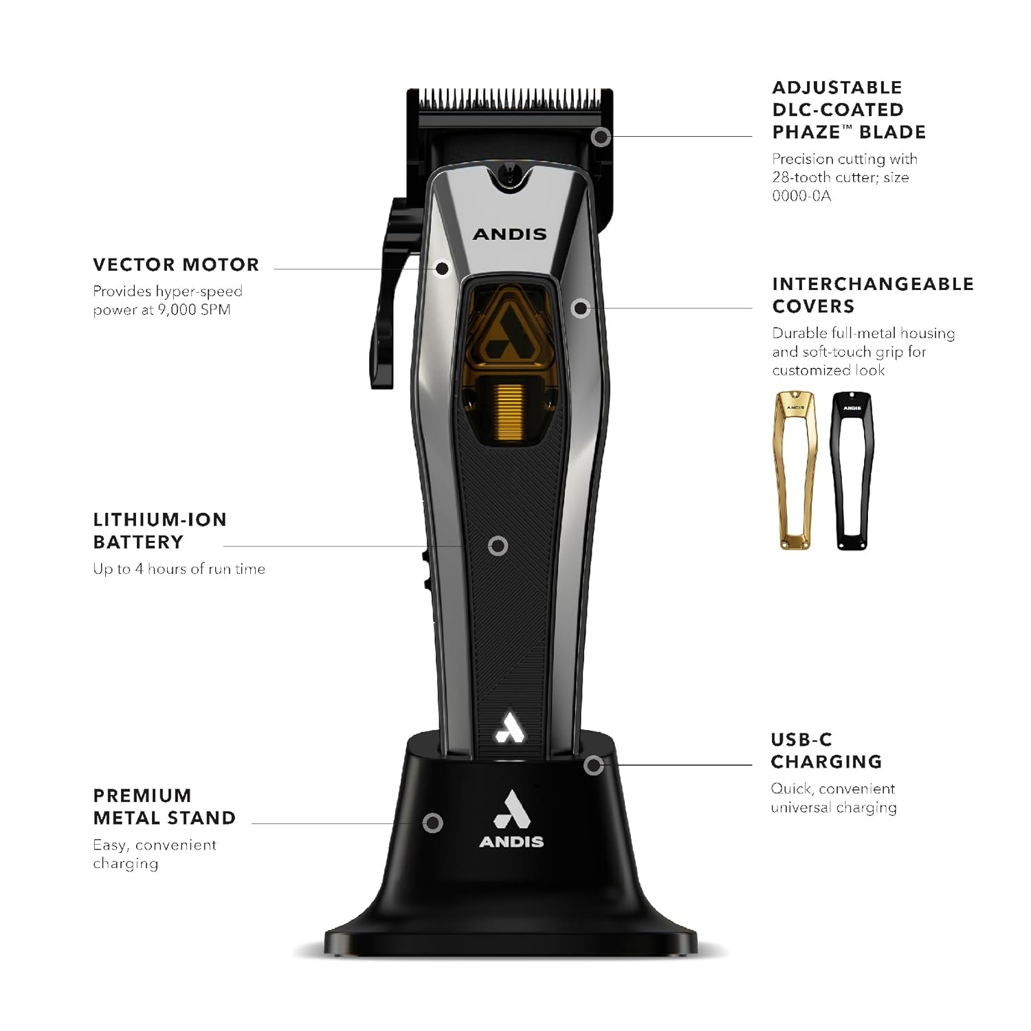 Andis 562446 Recon Professional Barber Vector Motor Hair Clipper, Adjustable-Fixed Phaze Blade, Includes OG Comb Set, Lithium Ion 4-Hour Run Time, Interchangeable Covers, Black/Gold