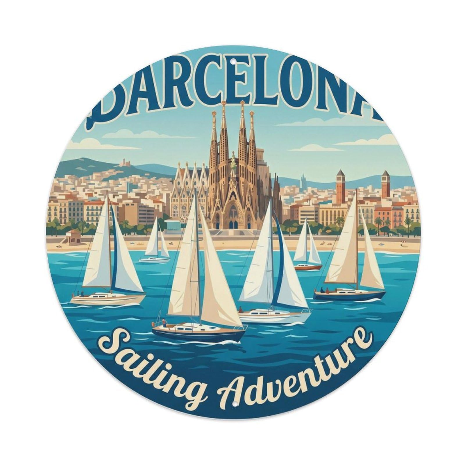 Catalan Barcelona Sailboat Mediterranean Journey Vintage Metal Tin Sign Plaque Wall Decor for Cafe, Man Cave, Club Bar, Office, Home Garden Round Metal Poster 8x8Inch