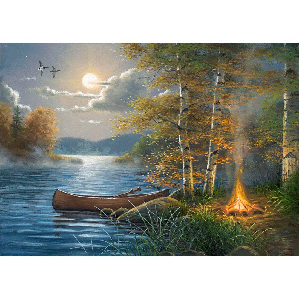 WOWDECOR 5D Diamond Painting Kits, Seaside Moon Trees Bonfire Full Drill DIY Diamond Art Cross Stitch Paint by Numbers