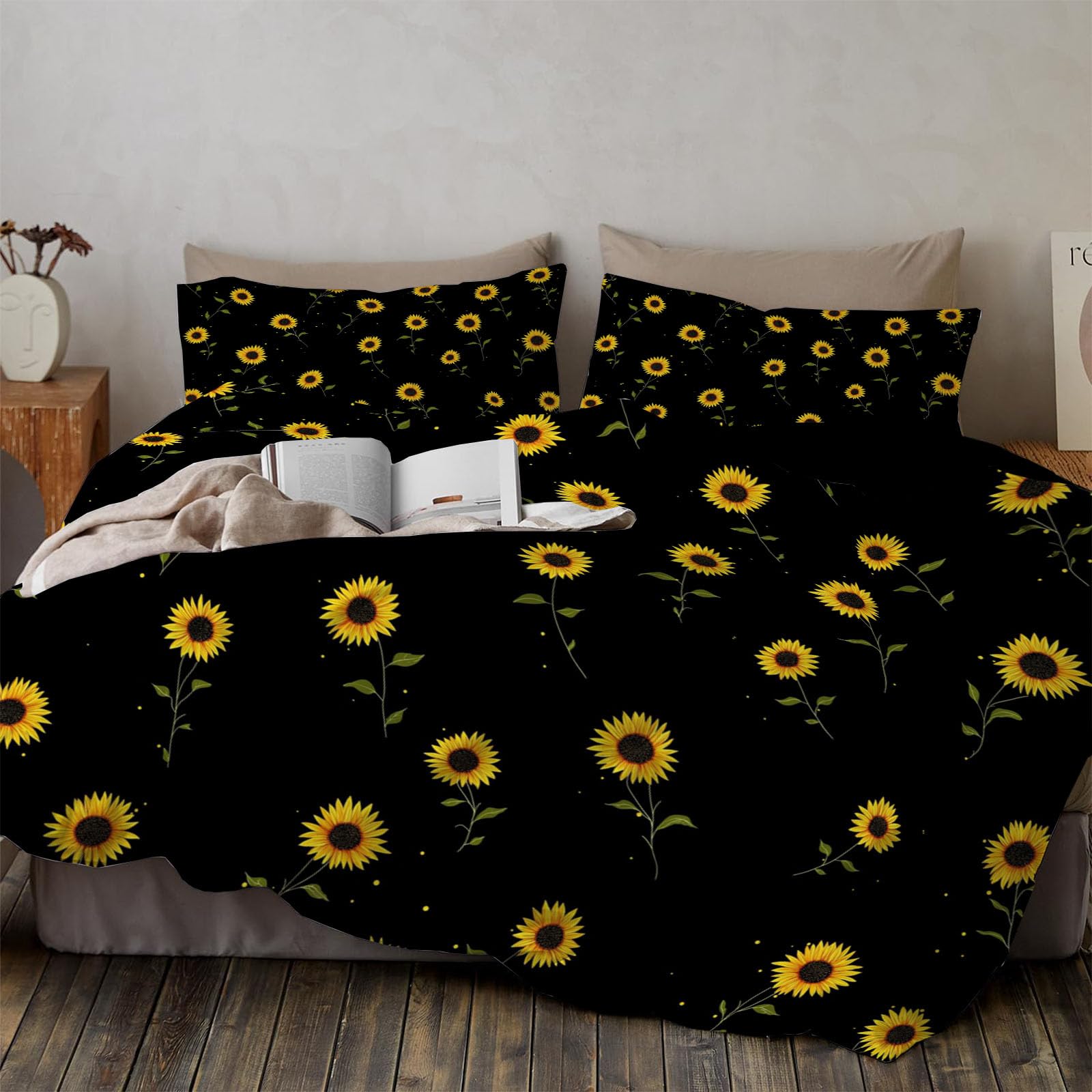 Linge de lit 2 personnes motif tournesol et design chic pour chambre adulte moderne