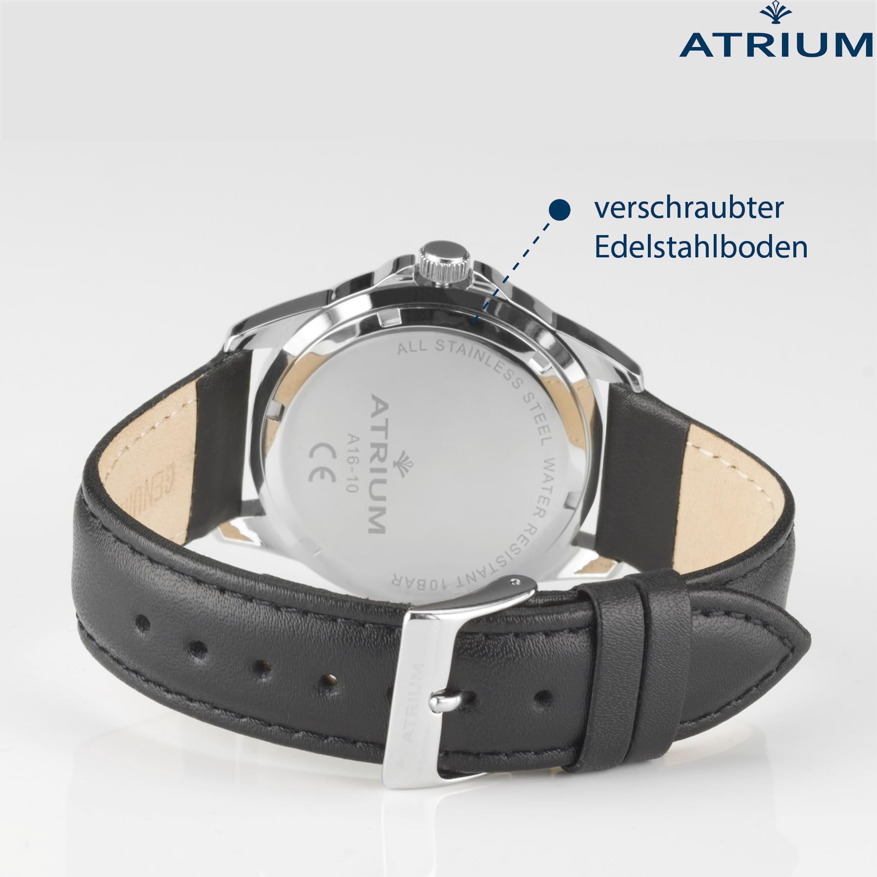 Atrium Herren-Armbanduhr Edelstahl Analog Quarz 10 bar mit Datum, Leuchtzeiger, sehr deutliches Zifferblatt Weiß und Lederband schwarz A16-10