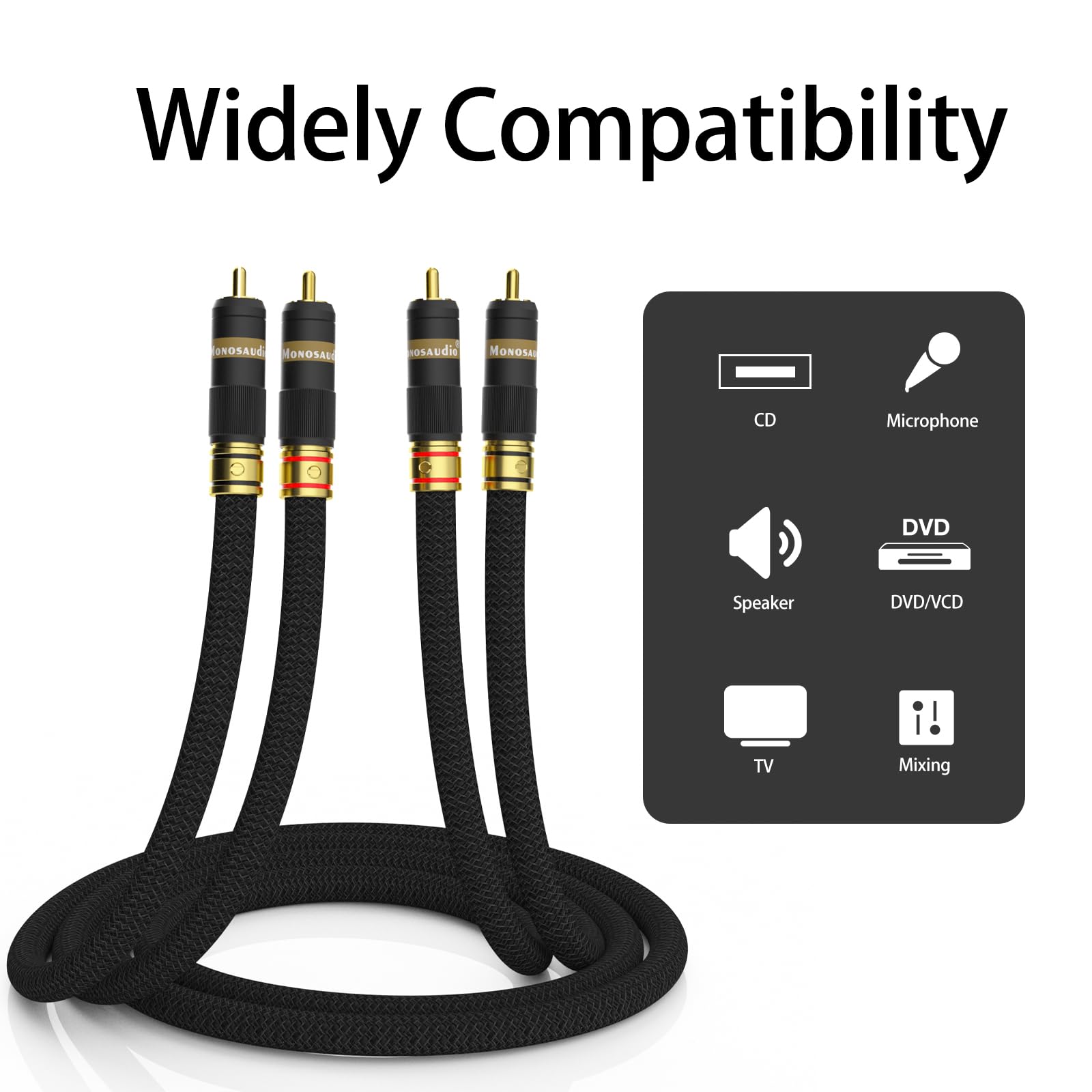 Monosaudio Cable RCA para audiófilo de 17 AWG, cable de audio equilibrado OFC, cobre chapado en oro, interconexión RCA 2RCA macho a 2RCA macho, cable de señal para cine en casa, HDTV, amplificadores,