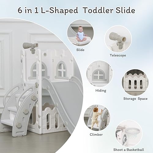 Miniatura 4 de Tobogán 6 en 1 para niños pequeños, escalador deslizante para interiores y exteriores, con aro de baloncesto, almacenamiento y telescopio, tobogán