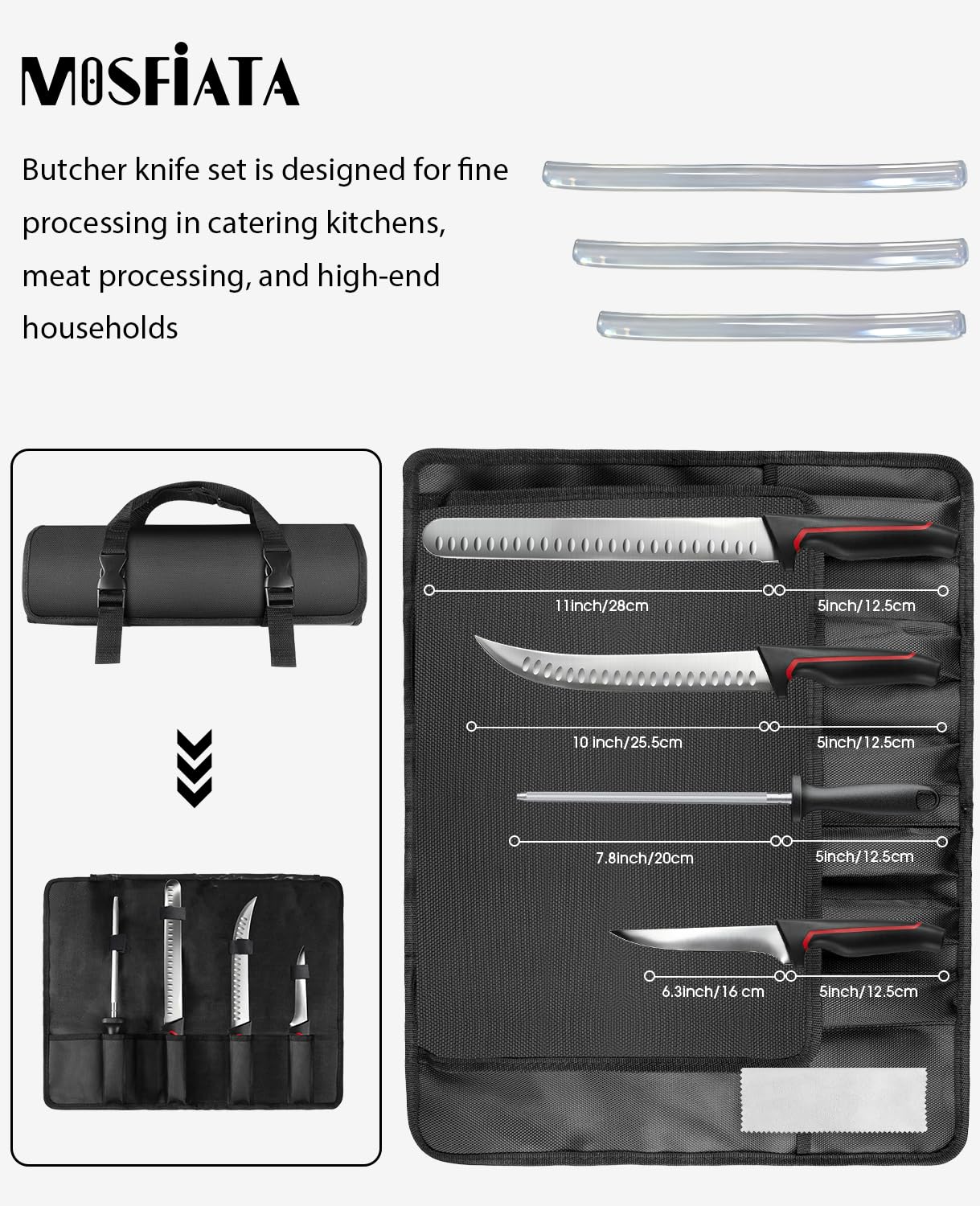 MOSFiATA Set Coltelli Macellaio con Borsa Trasporto: Coltello Prosciutto 30cm, Macellaio 25cm, Disossatore 15cm, Acciaino Affilatore, Ideale per Uso Domestico Cucina e Barbecue All’Aperto