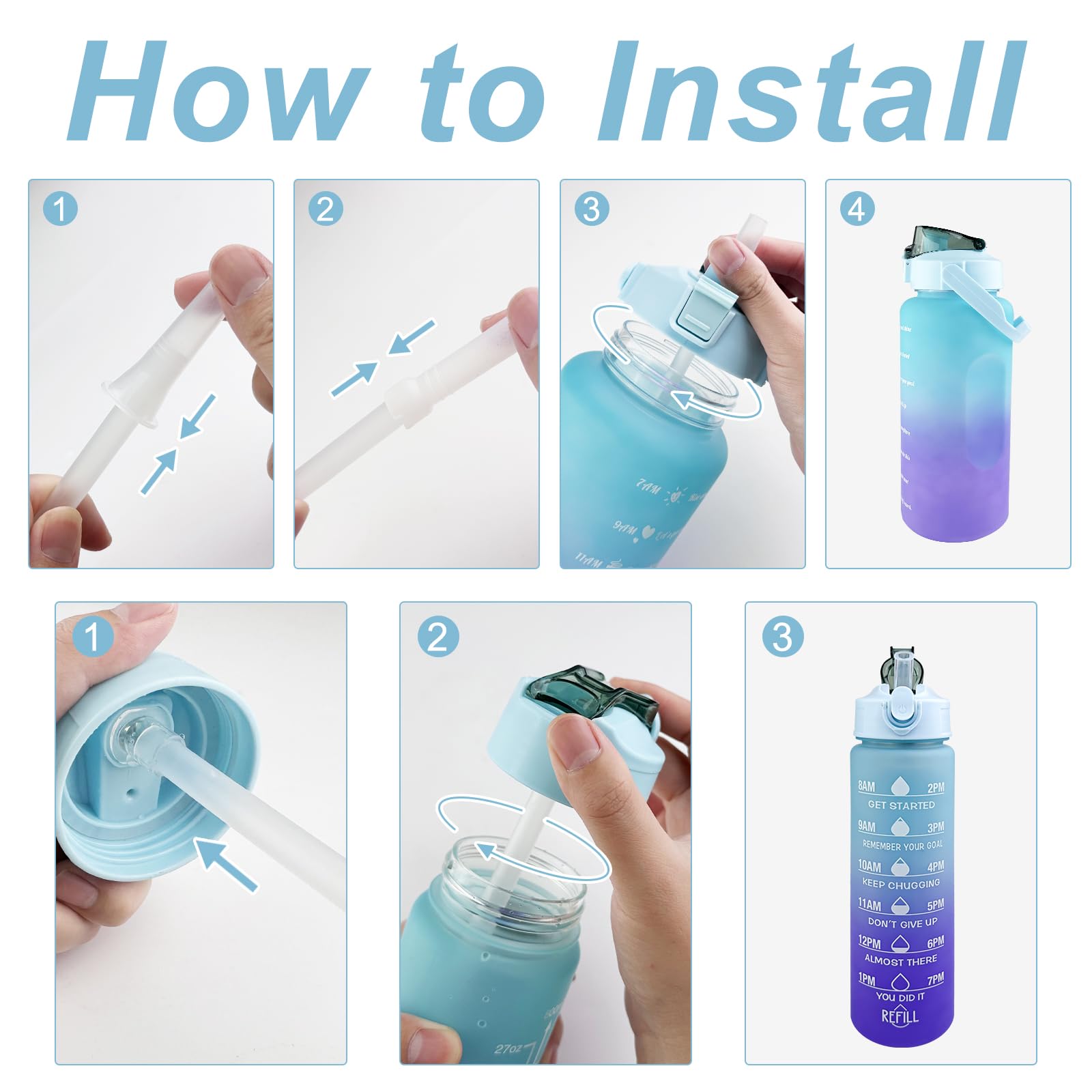 3 In 1 Set Gym Motivational Water Bottle Sports BPA Free Time Marker 64,32,15oz - Foto 4