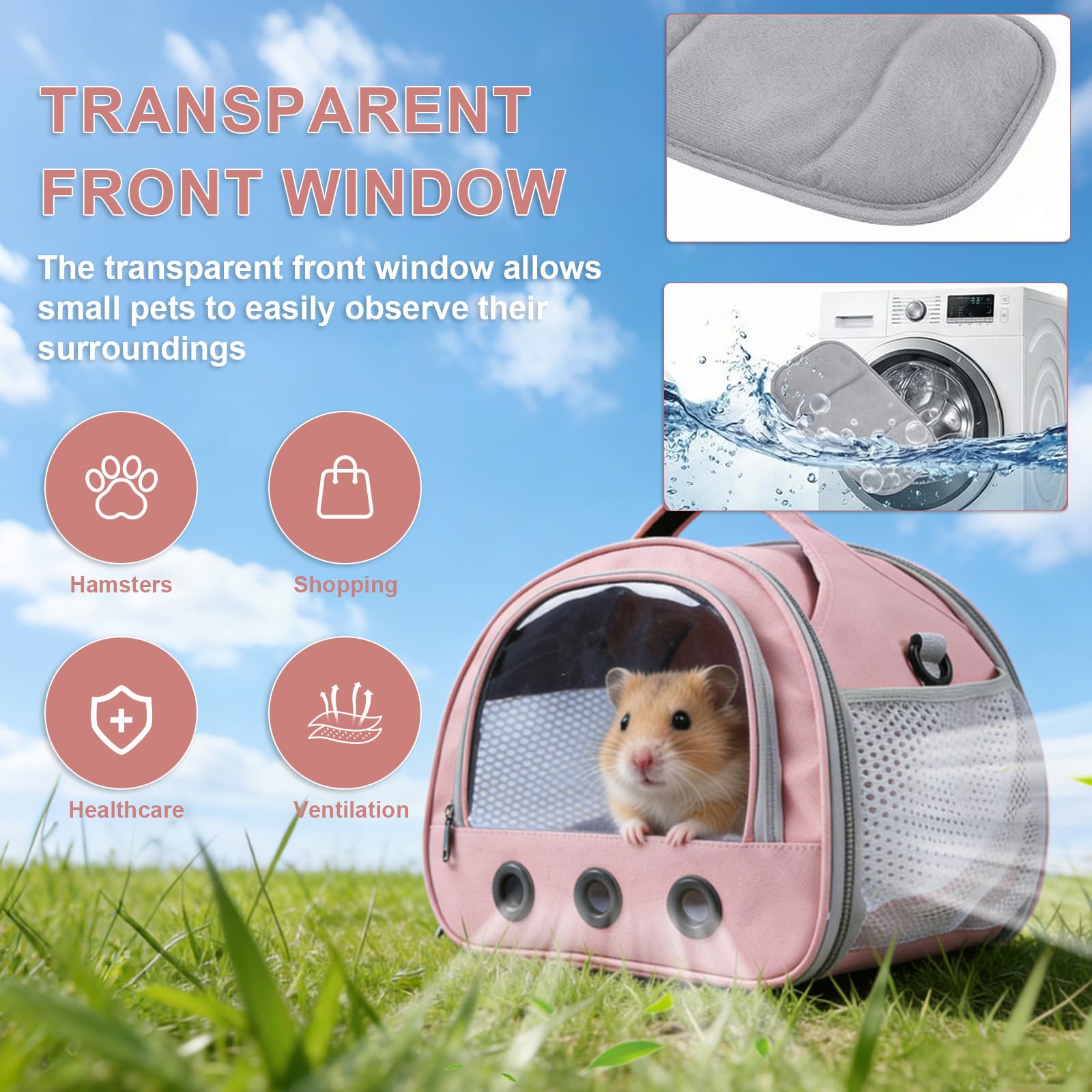 Sac de Transport Petit Animal, Cage de Voyage Pliable avec Fenêtre PVC et Grille Aérée, Bandoulière Réglable pour Hamster, Cochon d'Inde, Oiseau, Rongeur(30x25x25cm)