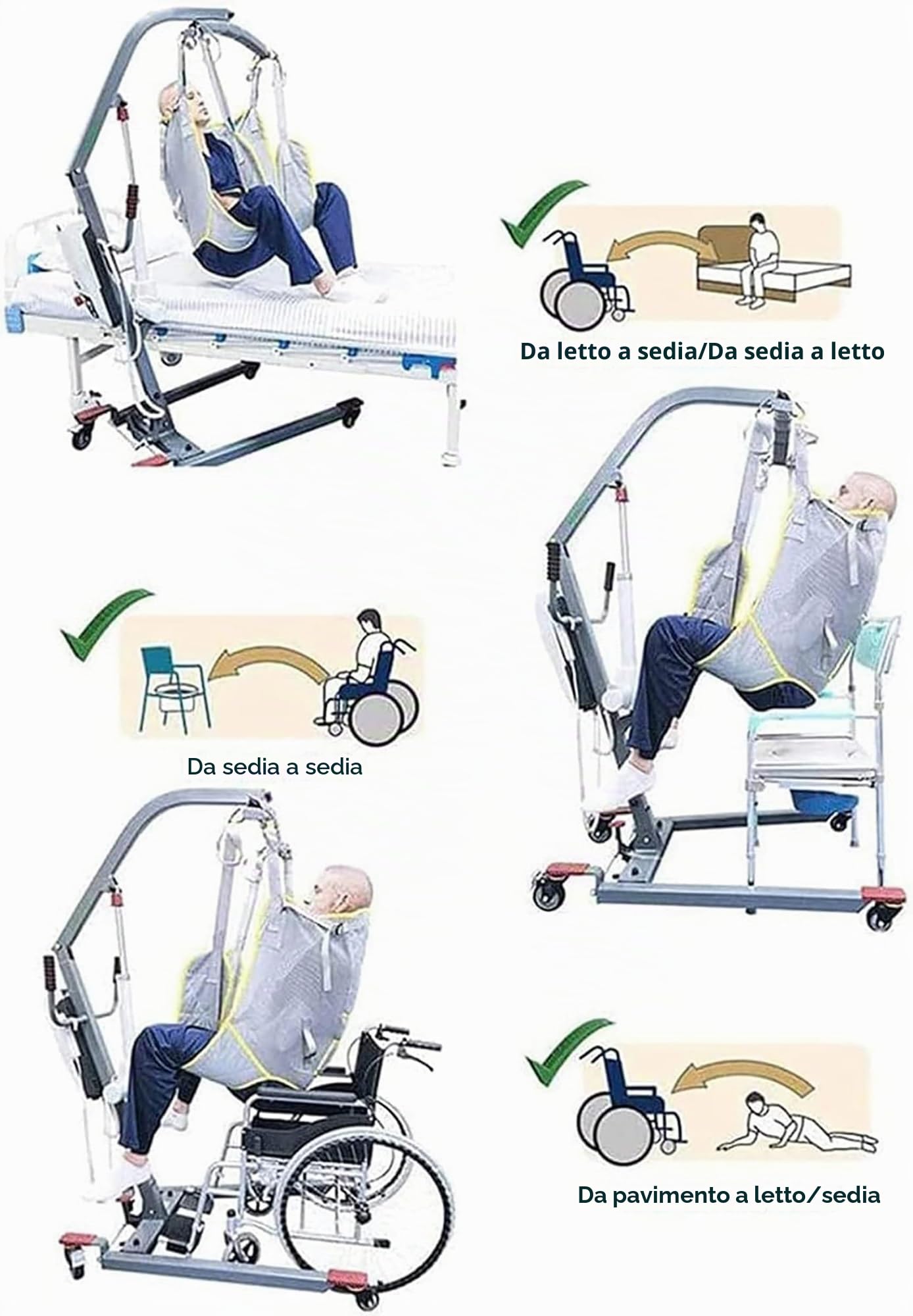 Imbracatura per sollevatore disabili, Alzamalati da letto con 4 morsetti, per disabili e anziani, Trasferimento dei pazienti, Superimbottito, Regolabile, Sicuro, Traspirante