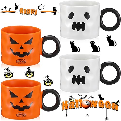 Zhehao Juego de 4 tazas de café de Halloween de 15 onzas con asa, tazas de cerámica a juego para el hogar, oficina, centros de mesa, centros de