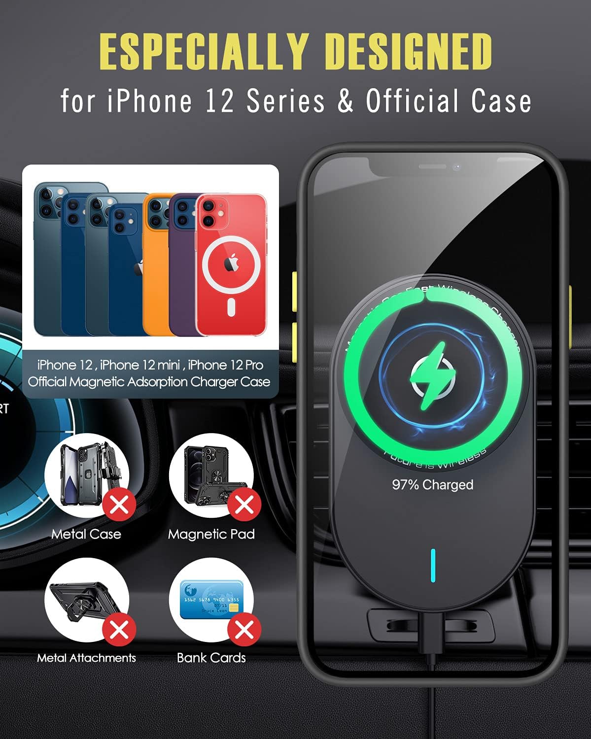 MoKo Magnetic Wireless Car Charger Compatible with iPhone 12/12 Pro/12 Pro Max/12 Mini, 15W Fast Wireless Car Mount Charger, Phone Charging Station Mount with Clamp Air Vent Holder & USB C Cable-Black